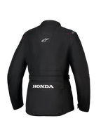 Alpinestars Honda Stella ST-1 WP jakke, vandtæt motorcykeljakke til kvinder, sort, set bagfra med et stort hvidt Honda-logo på den nederste cargolomme på ryggen, Alpinestars-logo på den øverste del af ryggen, teknisk tekstilkonstruktion med adventure touring-silhuet og røde syningsdetaljer.