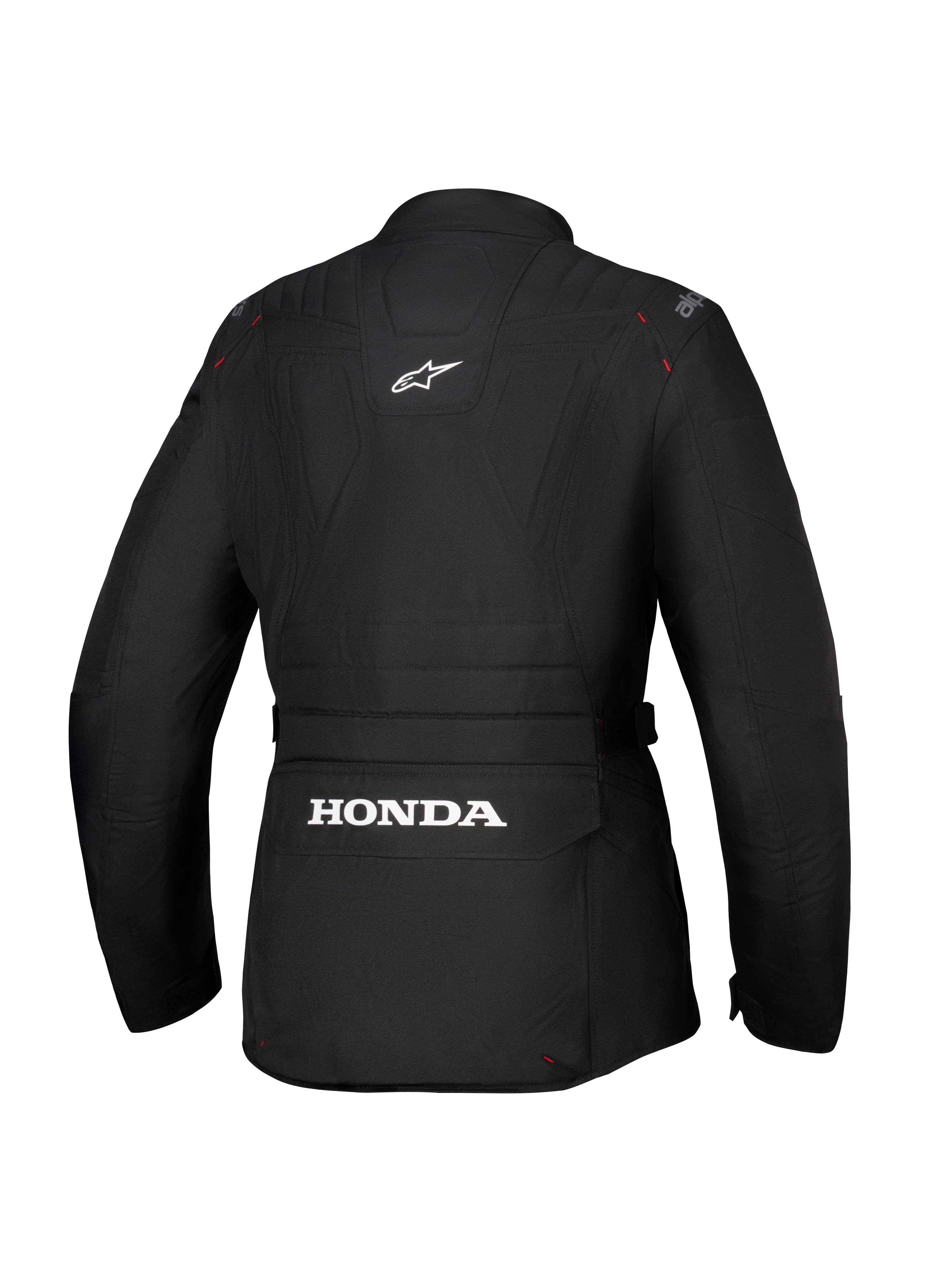 Alpinestars Honda Stella ST-1 WP jakke, vandtæt motorcykeljakke til kvinder, sort, set bagfra med et stort hvidt Honda-logo på den nederste cargolomme på ryggen, Alpinestars-logo på den øverste del af ryggen, teknisk tekstilkonstruktion med adventure touring-silhuet og røde syningsdetaljer.