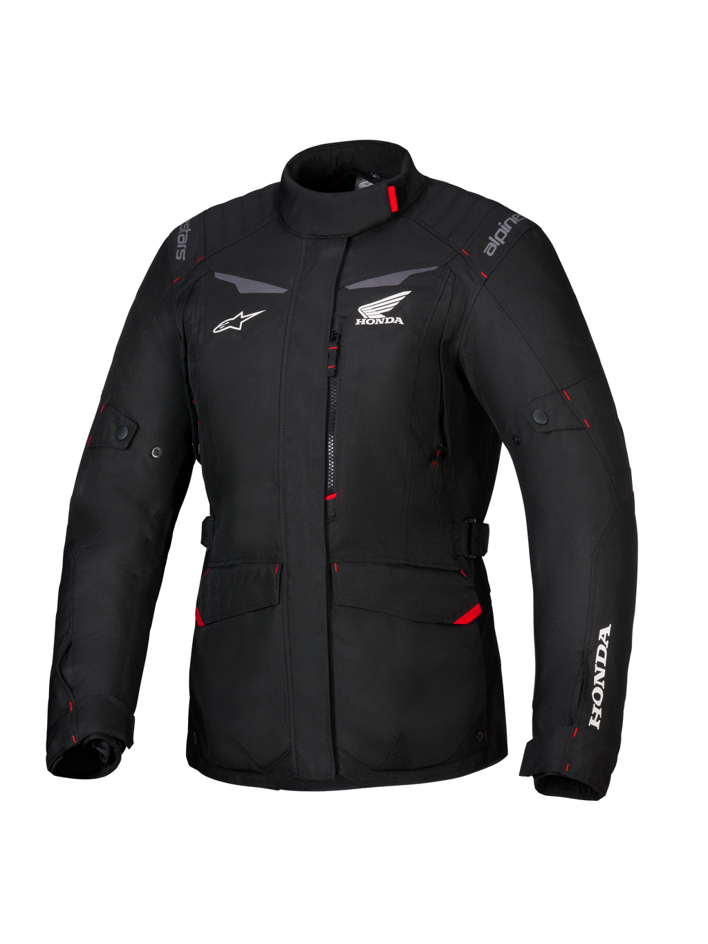 Honda Stella ST-1 WP jakke, vandtæt touringjakke til damer, sort med røde detaljer og hvide Honda-logoer, høj krave, lynlås foran, udvidelige cargolommer, slidstærkt tekstil-adventure-udstyr