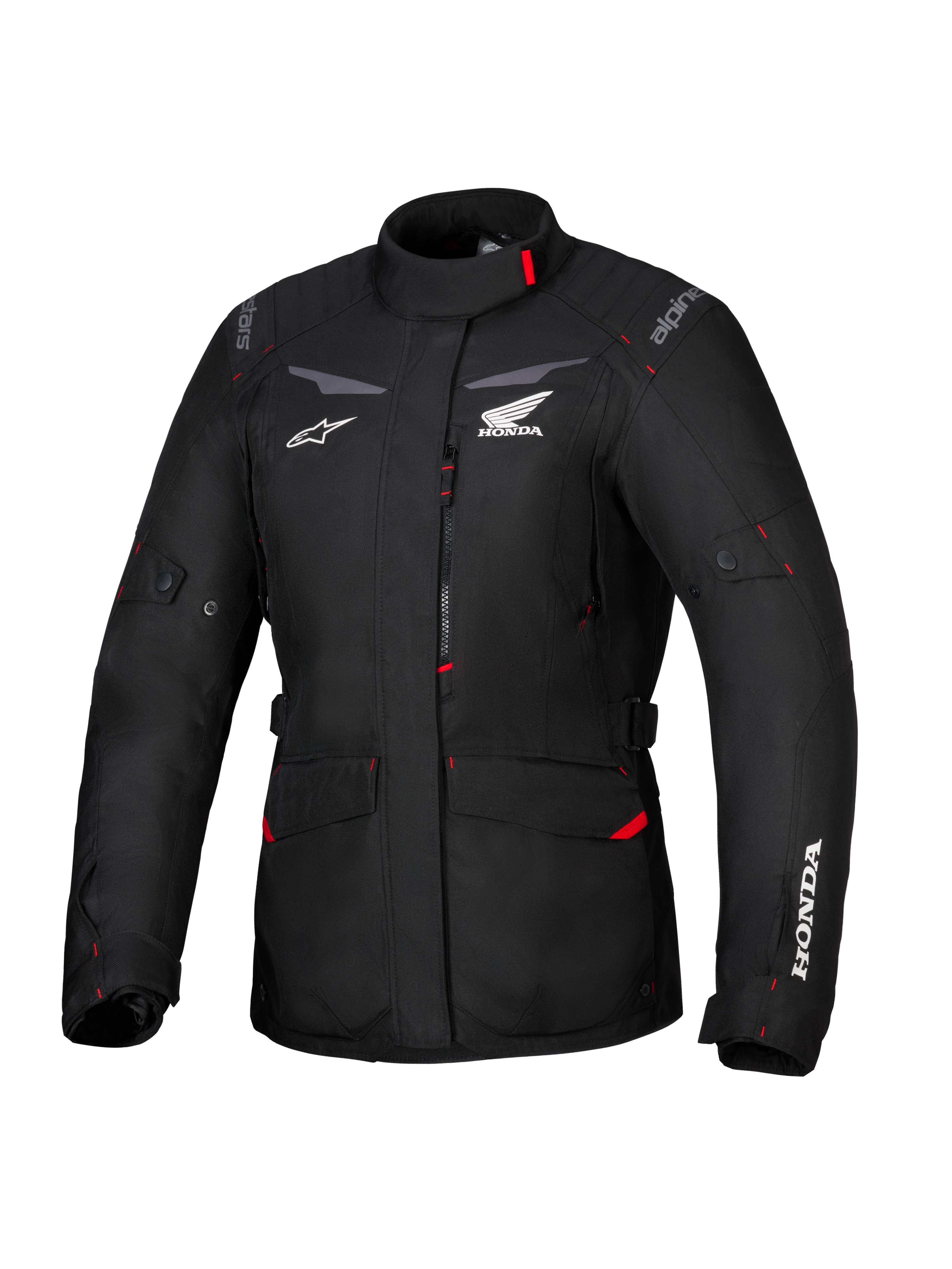 Honda Stella ST-1 WP jakke, vandtæt touringjakke til damer, sort med røde detaljer og hvide Honda-logoer, høj krave, lynlås foran, udvidelige cargolommer, slidstærkt tekstil-adventure-udstyr