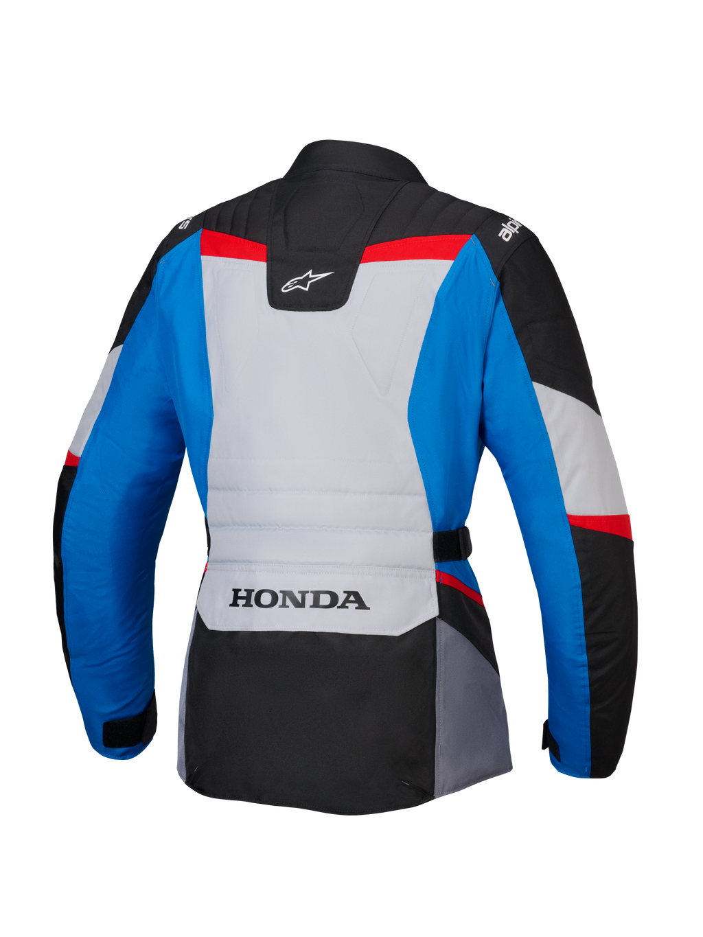 Alpinestars Honda Stella ST-1 WP-jakke til kvinder, set bagfra, adventure touring-motorcykeljakke i blå, isgrå og sort med røde detaljer, HONDA-branding nederst på ryggen og Alpinestars-logoer på skuldrene og øverst på ryggen.