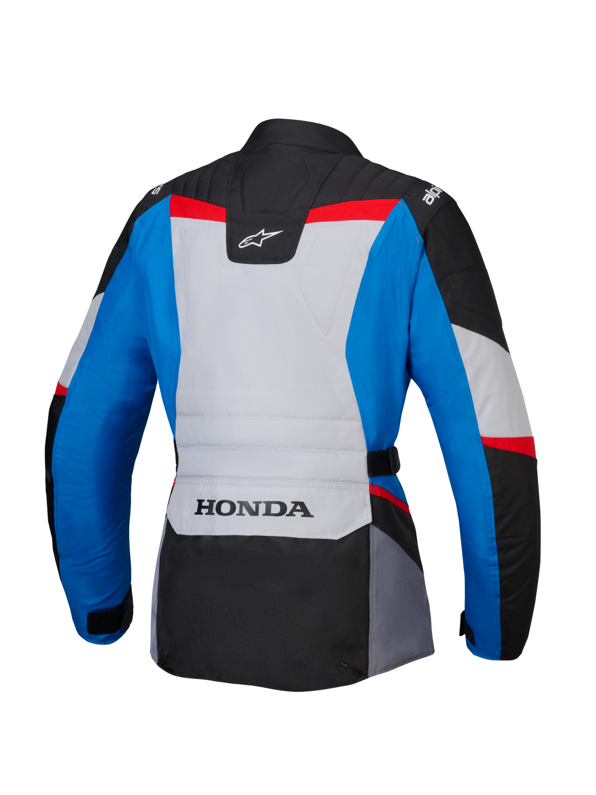 Alpinestars Honda Stella ST-1 WP-jakke til kvinder, set bagfra, adventure touring-motorcykeljakke i blå, isgrå og sort med røde detaljer, HONDA-branding nederst på ryggen og Alpinestars-logoer på skuldrene og øverst på ryggen.