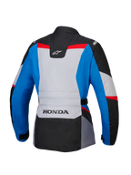 Alpinestars Honda Stella ST-1 WP-jakke til kvinder, set bagfra, adventure touring-motorcykeljakke i blå, isgrå og sort med røde detaljer, HONDA-branding nederst på ryggen og Alpinestars-logoer på skuldrene og øverst på ryggen.