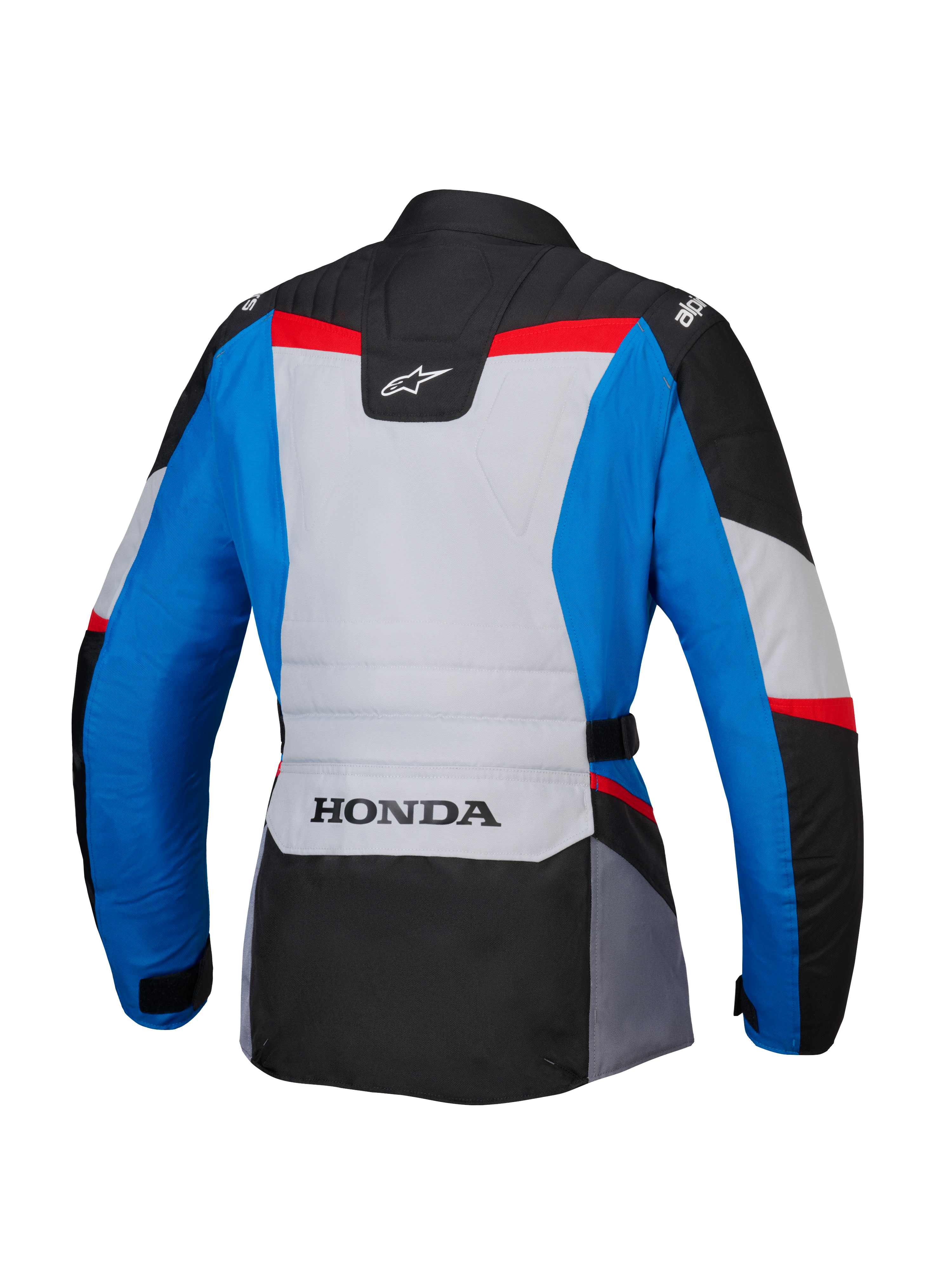 Alpinestars Honda Stella ST-1 WP-jakke til kvinder, set bagfra, adventure touring-motorcykeljakke i blå, isgrå og sort med røde detaljer, HONDA-branding nederst på ryggen og Alpinestars-logoer på skuldrene og øverst på ryggen.