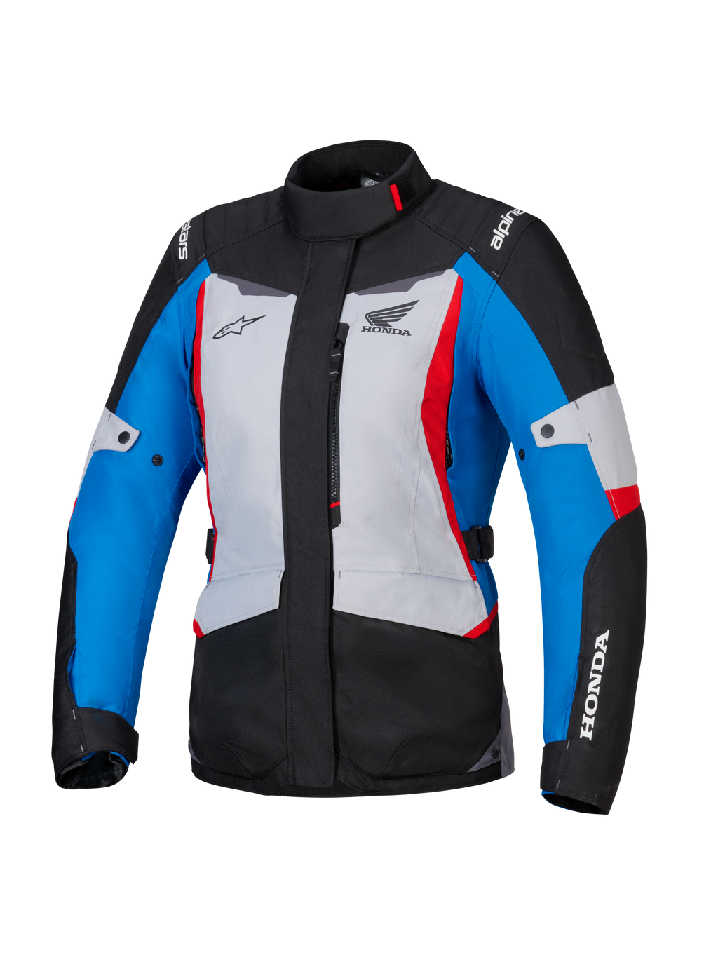 Alpinestars Honda Stella ST-1 WP jakke til damer, vandtæt motorcykeljakke, isgrå, blå og sort med røde accenter, høj krave og lynlås foran, Honda- og Alpinestars-logoer på bryst og ærmer, slidstærk adventure touring-tekstiljakke