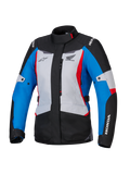 Alpinestars Honda Stella ST-1 WP jakke til damer, vandtæt motorcykeljakke, isgrå, blå og sort med røde accenter, høj krave og lynlås foran, Honda- og Alpinestars-logoer på bryst og ærmer, slidstærk adventure touring-tekstiljakke