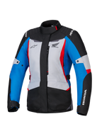 Alpinestars Honda Stella ST-1 WP jakke til damer, vandtæt motorcykeljakke, isgrå, blå og sort med røde accenter, høj krave og lynlås foran, Honda- og Alpinestars-logoer på bryst og ærmer, slidstærk adventure touring-tekstiljakke