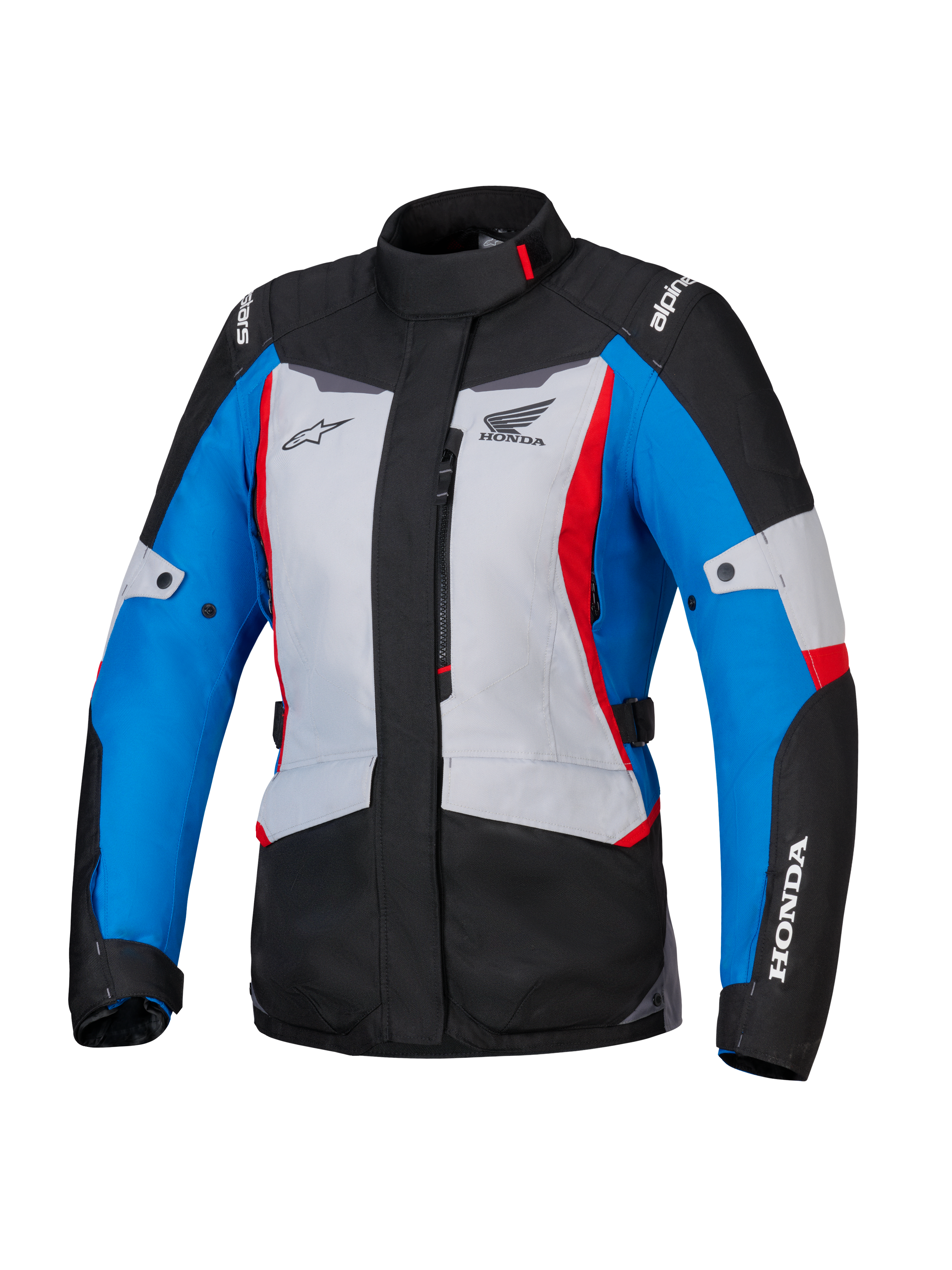 Alpinestars Honda Stella ST-1 WP jakke til damer, vandtæt motorcykeljakke, isgrå, blå og sort med røde accenter, høj krave og lynlås foran, Honda- og Alpinestars-logoer på bryst og ærmer, slidstærk adventure touring-tekstiljakke