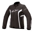 Alpinestars Stella T-Kira V2 vandtæt jakke, tekstil-motorcykeljakke til kvinder, sort og hvid, med høj krave, central lynlås, hvidt brystlogo og buede hvide striber på siderne, sporty design til landevejskørsel.