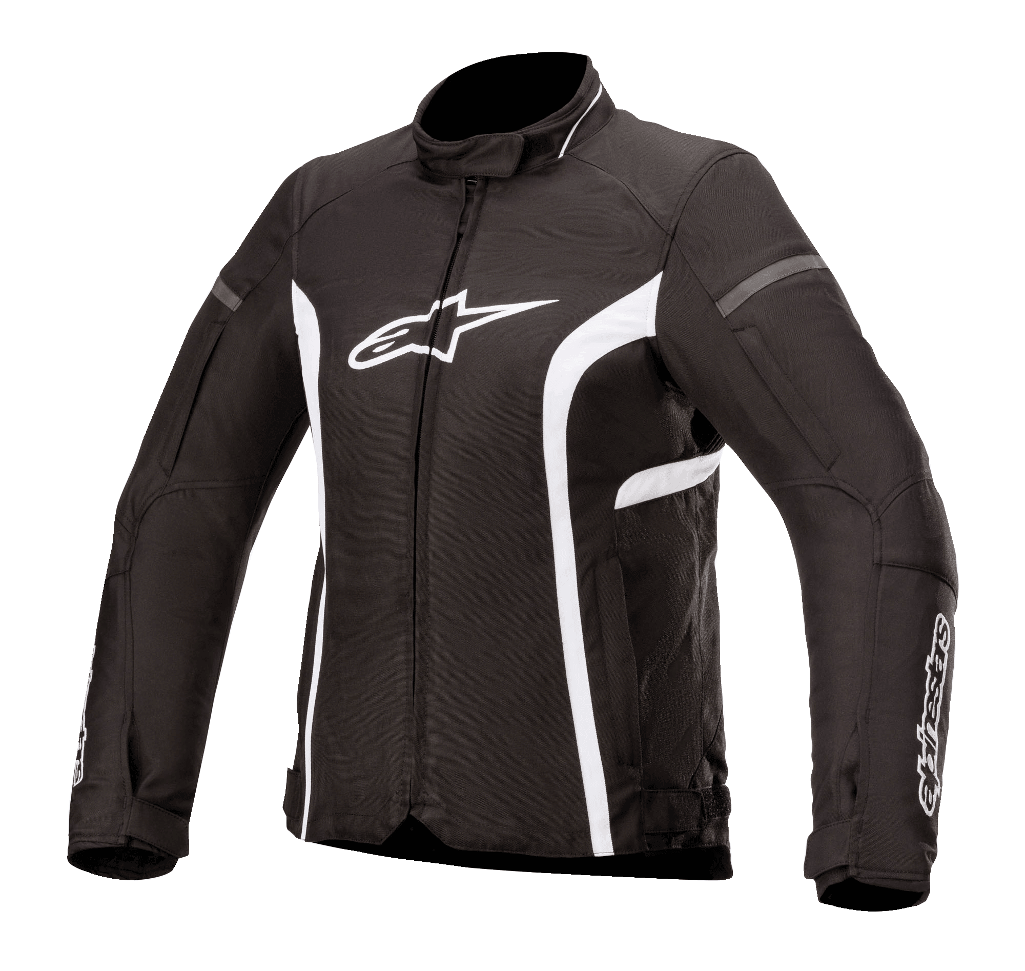 Alpinestars Stella T-Kira V2 vandtæt jakke, tekstil-motorcykeljakke til kvinder, sort og hvid, med høj krave, central lynlås, hvidt brystlogo og buede hvide striber på siderne, sporty design til landevejskørsel.