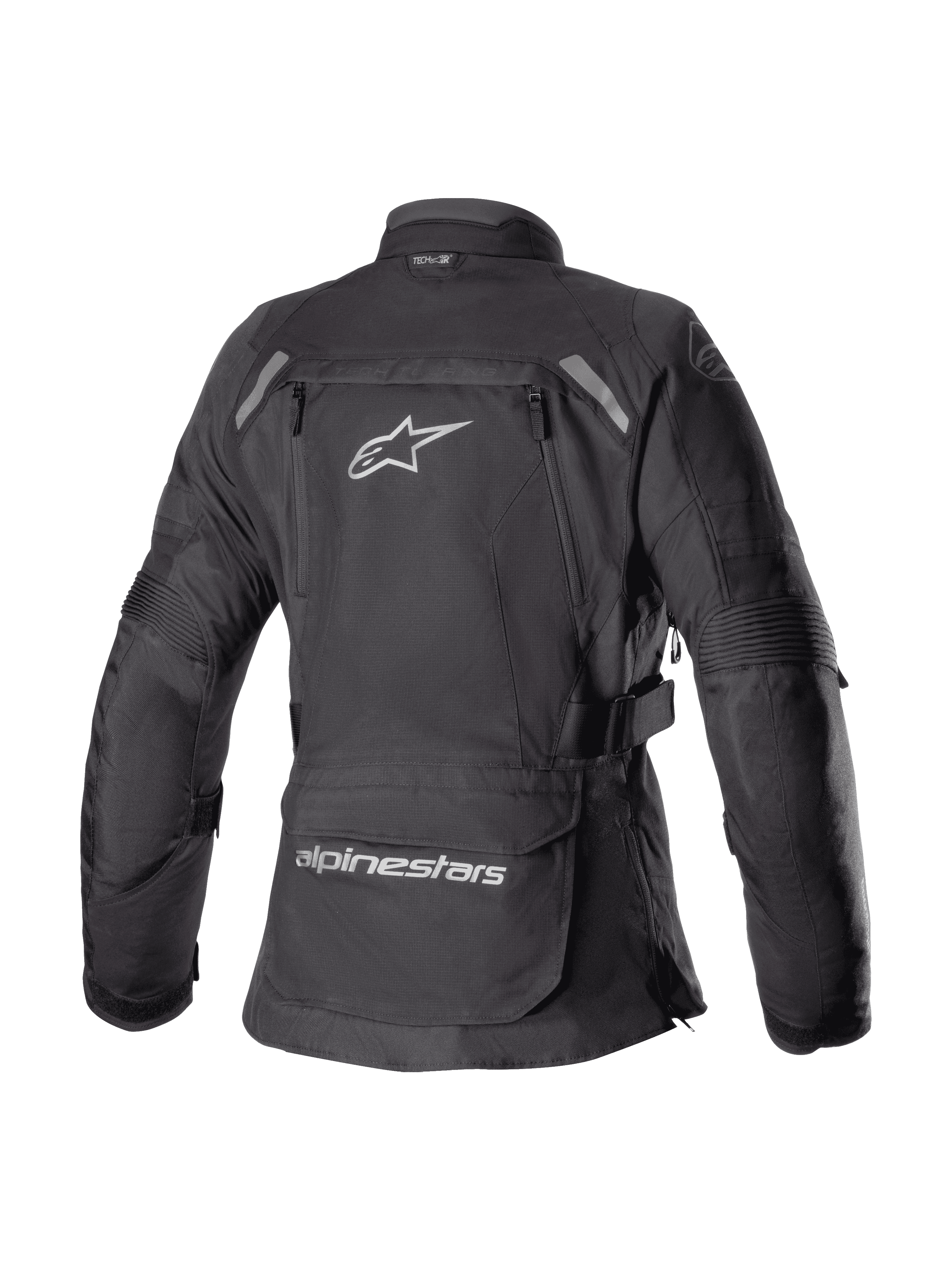 Alpinestars Stella Bogota' Pro Drystar® damejakke, sort, tekstil adventure touring-jakke set bagfra med et stort hvidt Astar-logo, opbevaringslomme på lænden med branding og reflekterende detaljer på skuldrene