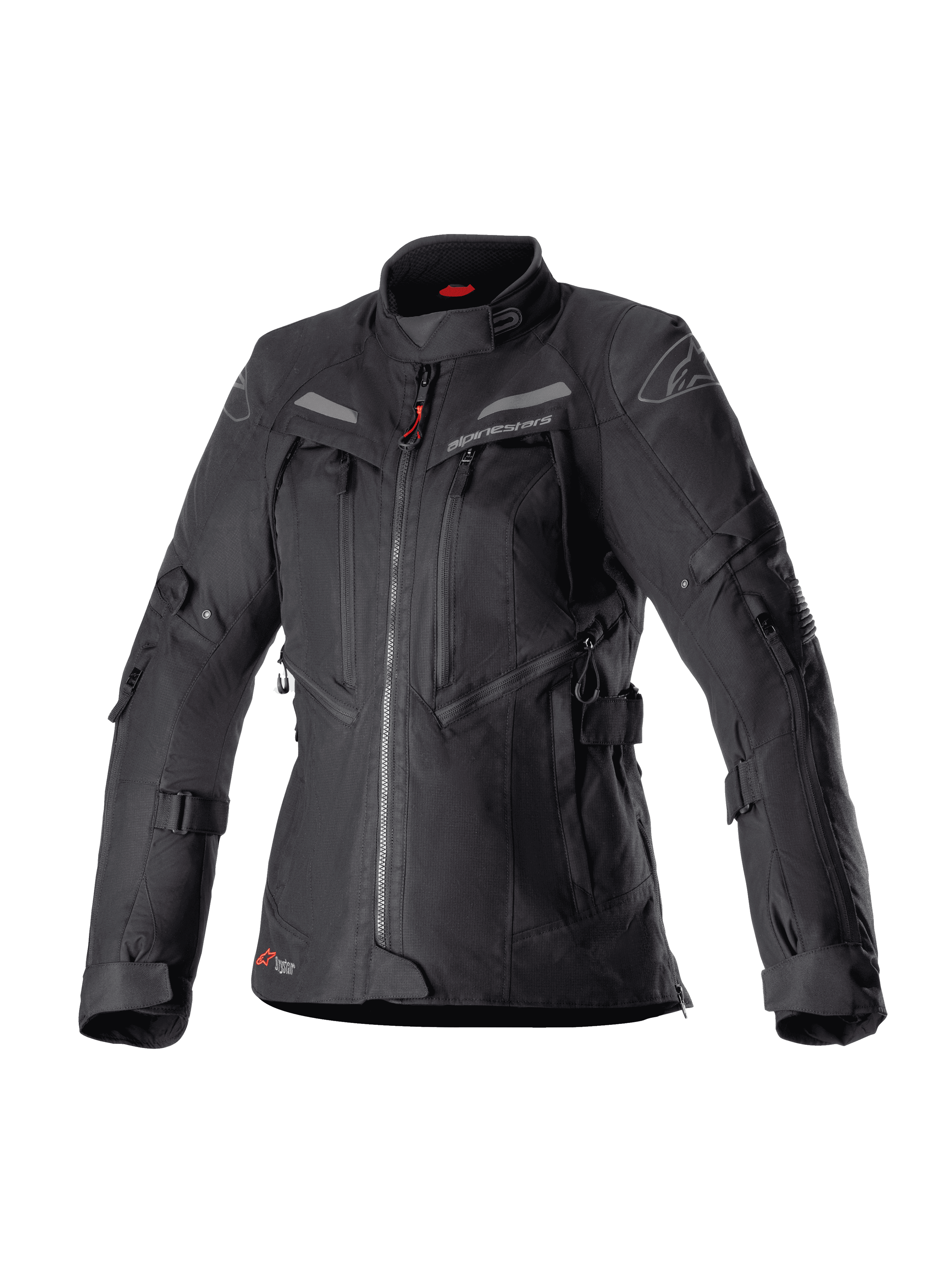 Alpinestars Stella Bogota Pro Drystar motorcykeljakke til kvinder, sort adventure touring-jakke, vandtæt tekstilkonstruktion med flere lynlåse og ventilationspaneler foran, justerbare stropper på ærmer og i taljen, diskrete røde detaljer og Alpinestars-branding.