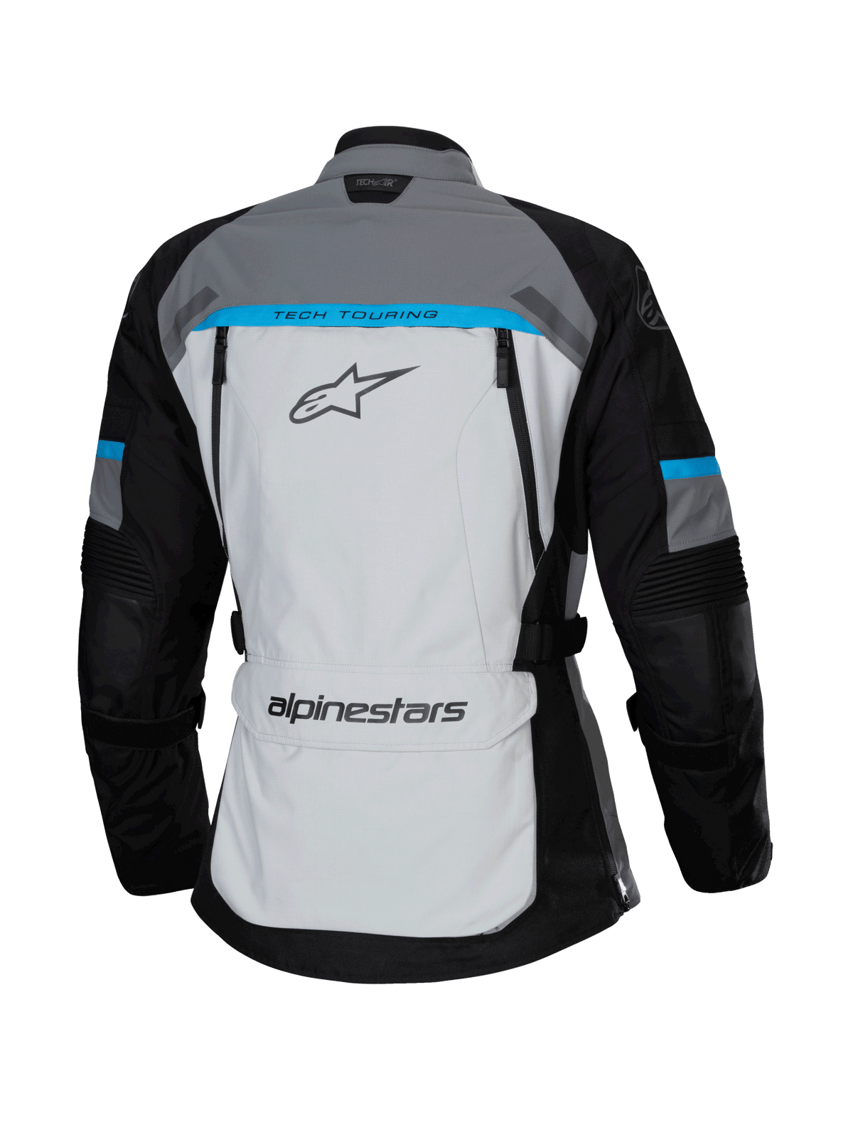 Alpinestars Stella Bogotá Pro Drystar® jakke, Ice Gray, sort og cyan, set bagfra med et stort lysegråt panel med 'TECH TOURING'-branding, sorte ærmer med cyan-detaljer og opbevaringslomme på lænden.