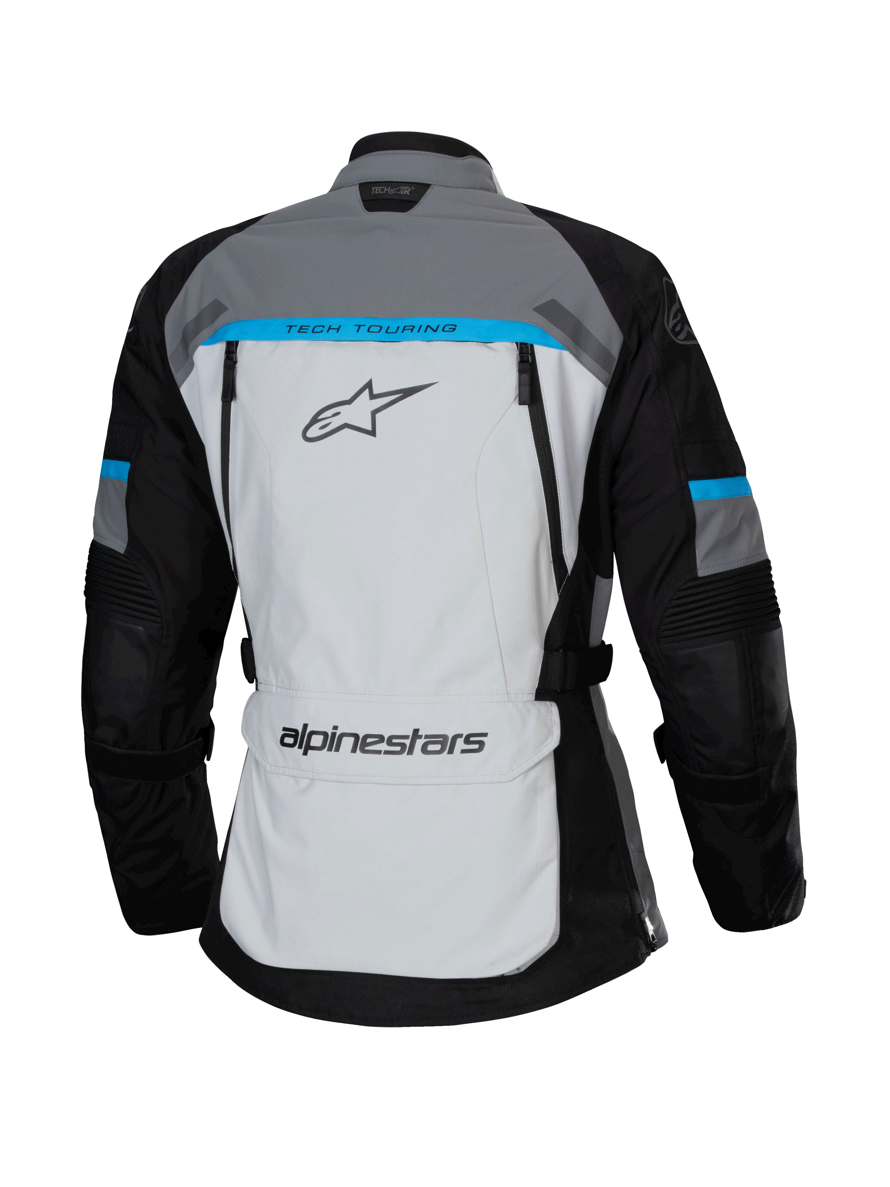 Alpinestars Stella Bogotá Pro Drystar® jakke, Ice Gray, sort og cyan, set bagfra med et stort lysegråt panel med 'TECH TOURING'-branding, sorte ærmer med cyan-detaljer og opbevaringslomme på lænden.
