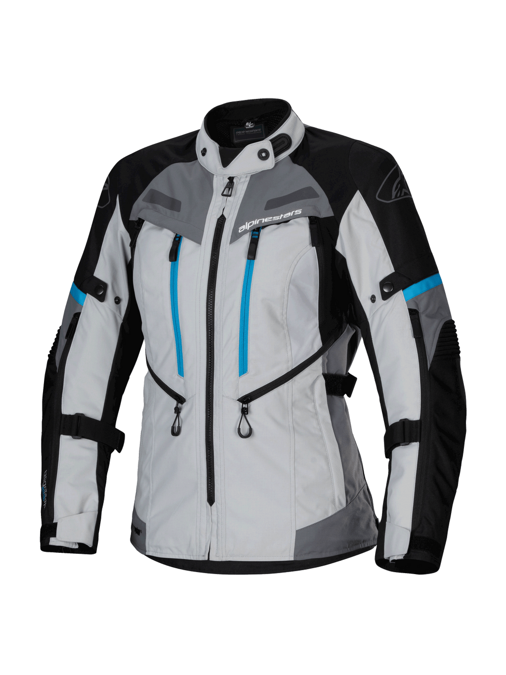Alpinestars Stella Bogota' Pro Drystar® jakke, adventure touring-jakke til damer, lysegrå, sort og cyan, med vandtæt Drystar®-membran, dobbelte vertikale blå brystlynlåse, justerbare stropper ved arme og talje og forstærkede beskyttelsespaneler