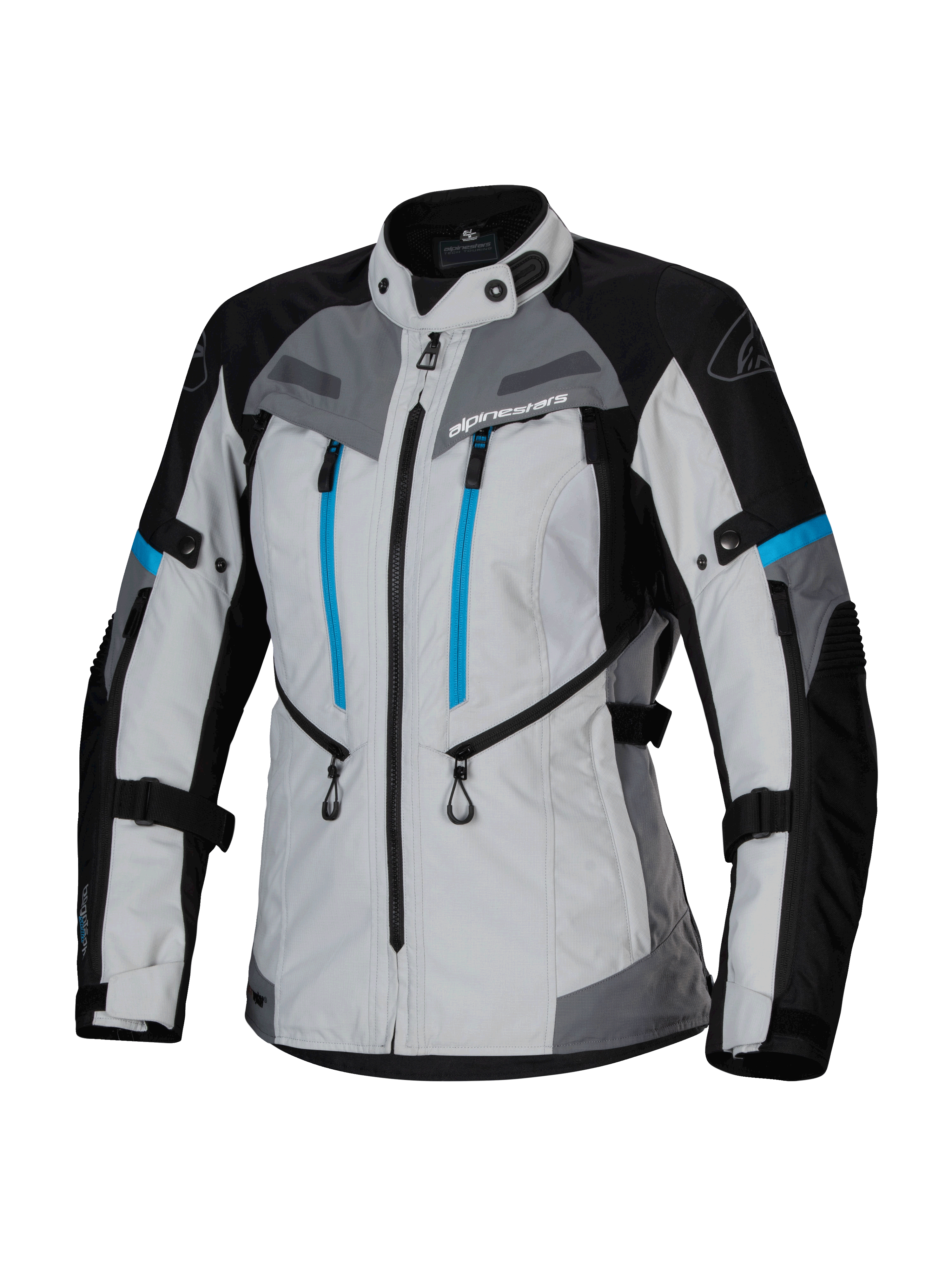 Alpinestars Stella Bogota' Pro Drystar® jakke, adventure touring-jakke til damer, lysegrå, sort og cyan, med vandtæt Drystar®-membran, dobbelte vertikale blå brystlynlåse, justerbare stropper ved arme og talje og forstærkede beskyttelsespaneler
