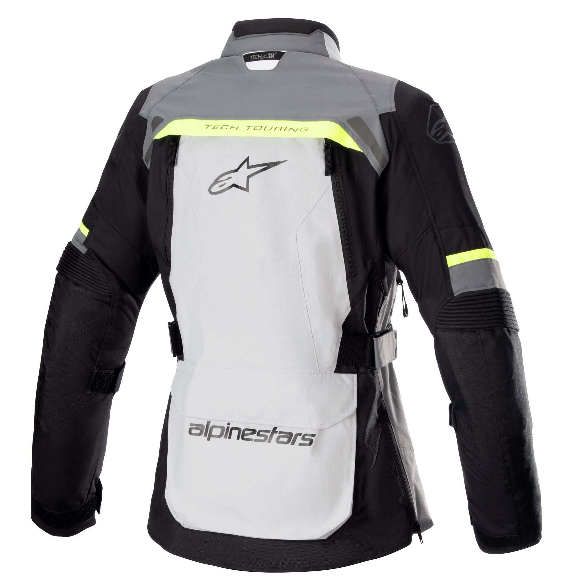 Alpinestars Stella Bogotá Pro Drystar® damejakke, set bagfra, isgrå og mørkegrå med fluorescerende gule detaljer, stort logo på ryggen, 'Tech Touring'-tekst, lodrette ventilationslynlåse og forstærkede harmonika-paneler på albuerne.