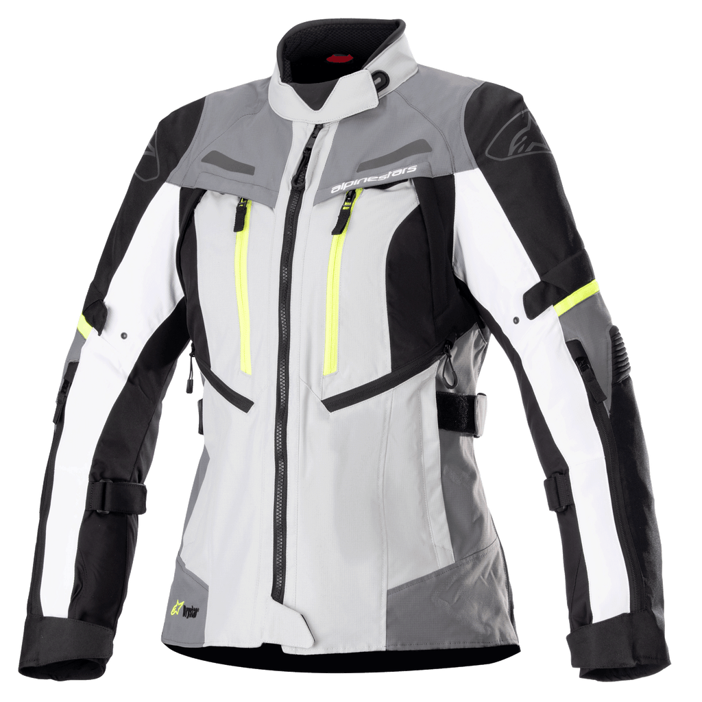 Alpinestars Stella Bogota Pro Drystar-jakke til damer, motorcykel touringjakke, isgrå og mørkegrå med hvide og neongule detaljer, vandtæt tekstilkonstruktion med justerbare stropper og ventilationslynlåse, set forfra på hvid baggrund