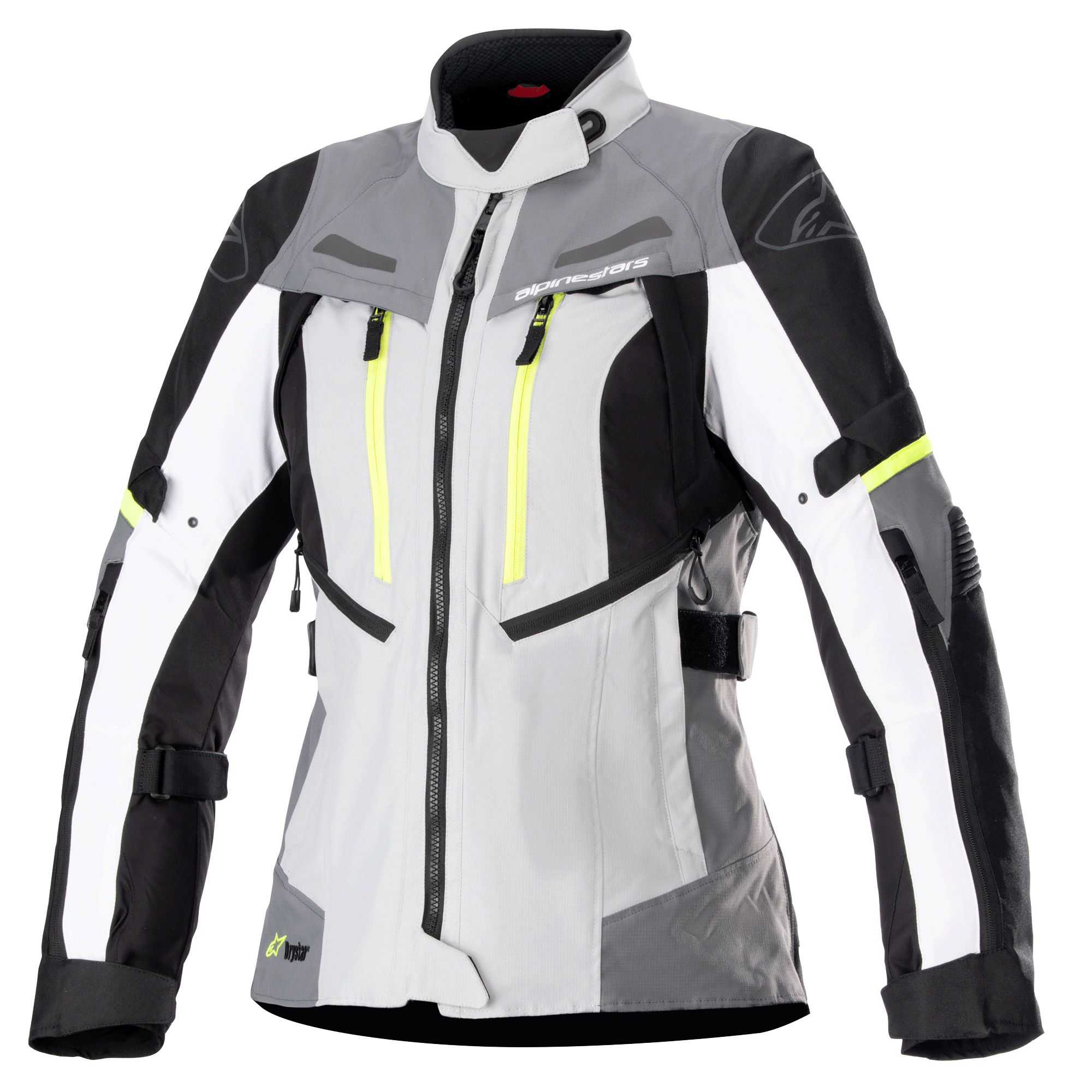 Alpinestars Stella Bogota Pro Drystar-jakke til damer, motorcykel touringjakke, isgrå og mørkegrå med hvide og neongule detaljer, vandtæt tekstilkonstruktion med justerbare stropper og ventilationslynlåse, set forfra på hvid baggrund