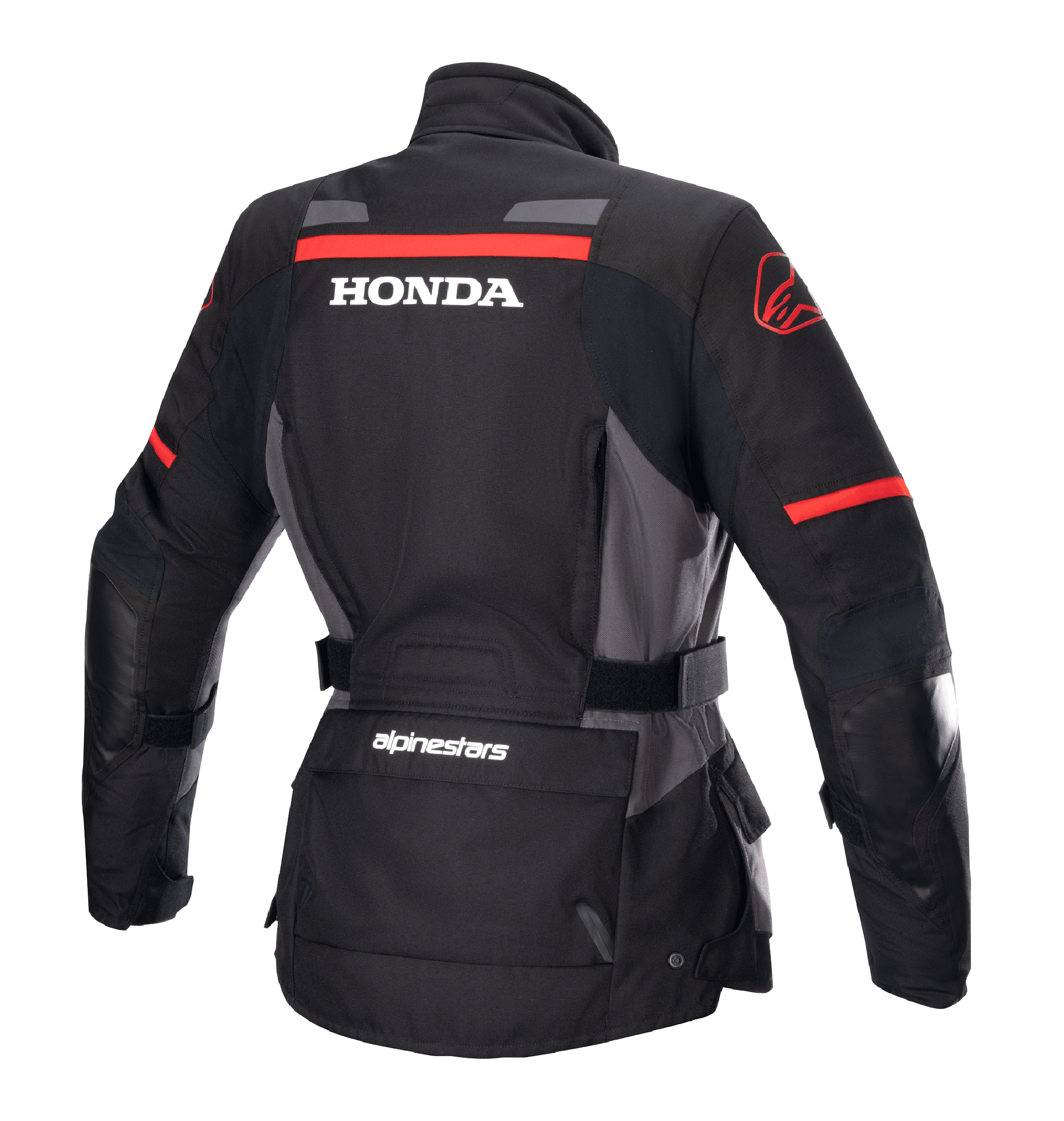 Alpinestars Dame Stella Honda Andes V3 Drystar® Jakke, motorcykel adventure-jakke, sort, mørkegrå og klar rød, set bagfra med markant hvidt HONDA-logo og rød Alpinestars-grafik, vandtæt tekstilkonstruktion med justerbar talje og praktiske lommer