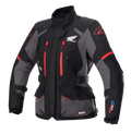 Alpinestars Stella Honda Andes V3 Drystar damejakke, motorcykel touringjakke, sort og grå med klare røde detaljer, Honda-vingelogo på brystet, røde lynlåse, justerbare stropper i taljen og på armene, holdbar vandtæt konstruktion