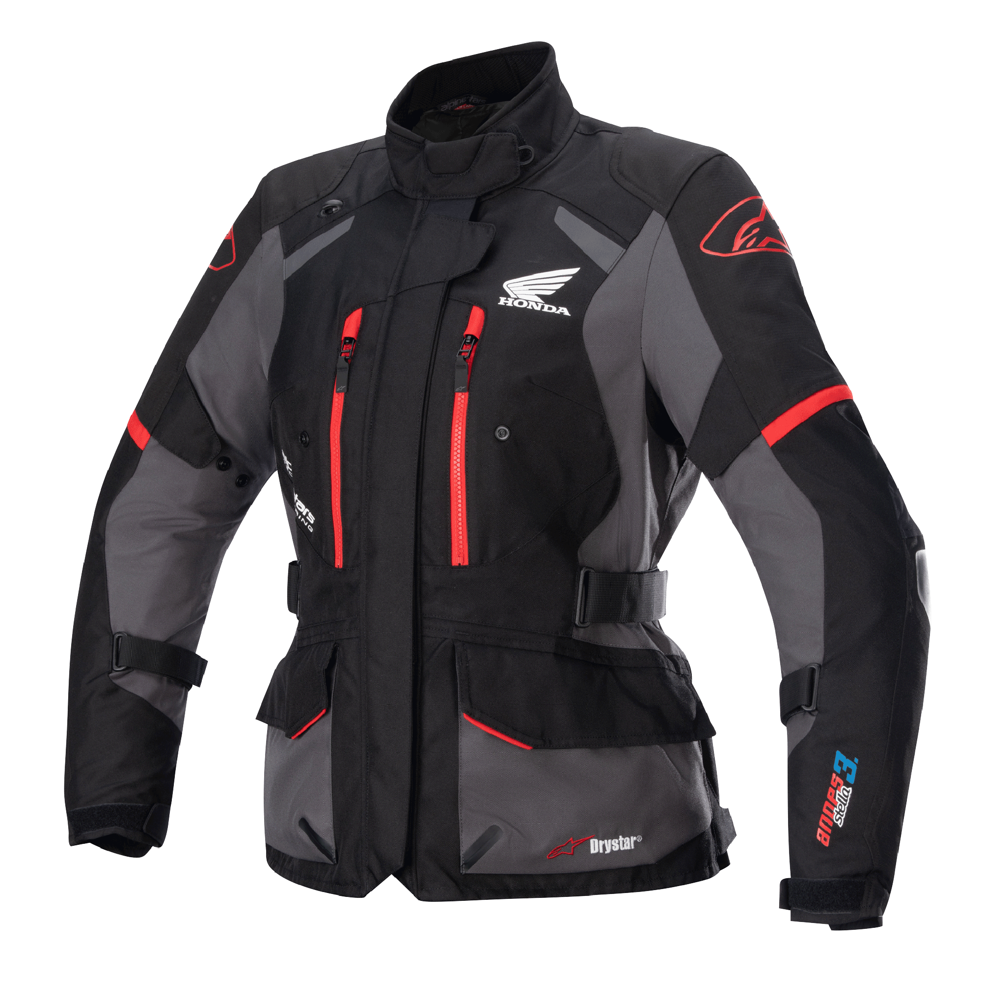 Alpinestars Stella Honda Andes V3 Drystar damejakke, motorcykel touringjakke, sort og grå med klare røde detaljer, Honda-vingelogo på brystet, røde lynlåse, justerbare stropper i taljen og på armene, holdbar vandtæt konstruktion