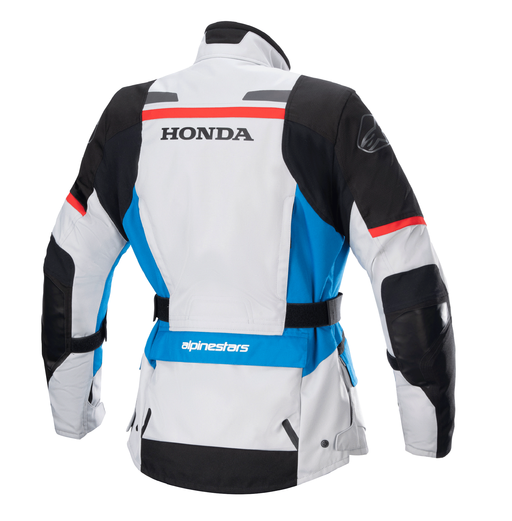 Alpinestars Stella Honda Andes V3 Drystar® damejakke, set bagfra, isgrå med blå og stærkt røde detaljer, markant sort HONDA-branding på ryggen, Alpinestars-logo på skulder og lænd, justerbart taljebælte, adventure touring tekstil motorcykeljakke