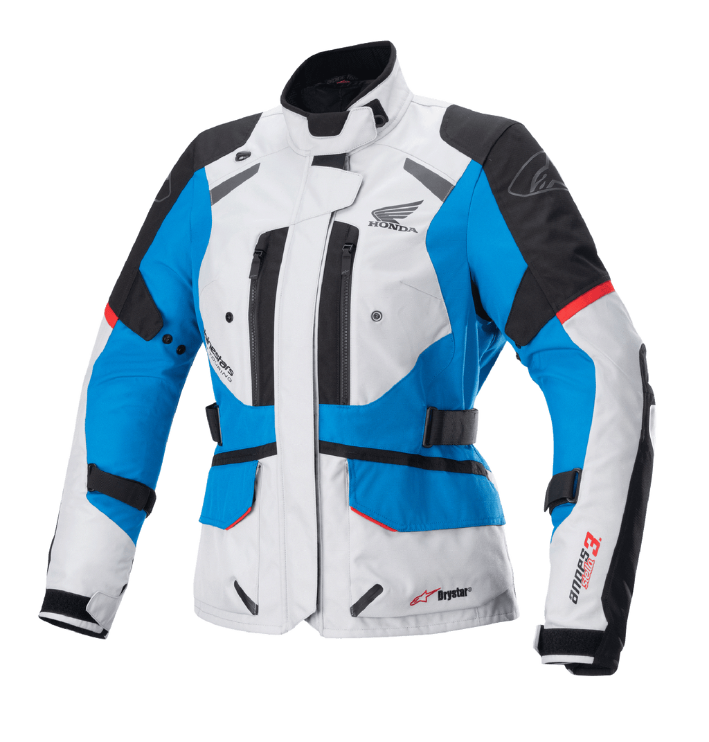 Alpinestars Stella Honda Andes V3 Drystar damejakke, motorcykel touringjakke, isgrå, blå og klar rød, vandtæt tekstilkonstruktion med Honda-vingelogo, ventilationsåbninger med lynlås og justerbare taljeremme