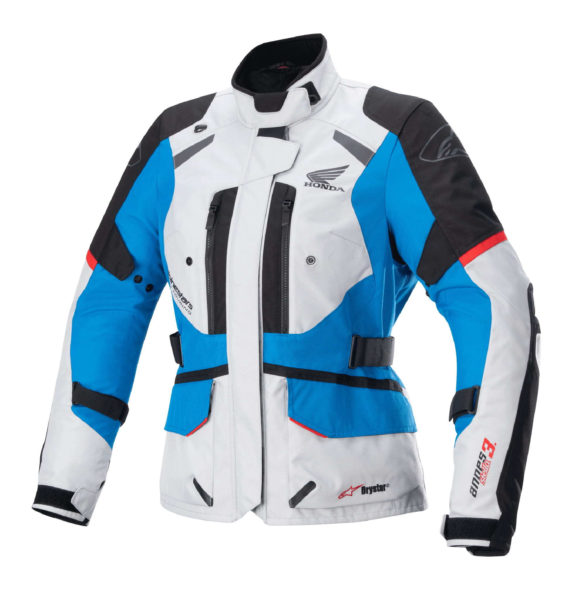 Alpinestars Stella Honda Andes V3 Drystar damejakke, motorcykel touringjakke, isgrå, blå og klar rød, vandtæt tekstilkonstruktion med Honda-vingelogo, ventilationsåbninger med lynlås og justerbare taljeremme