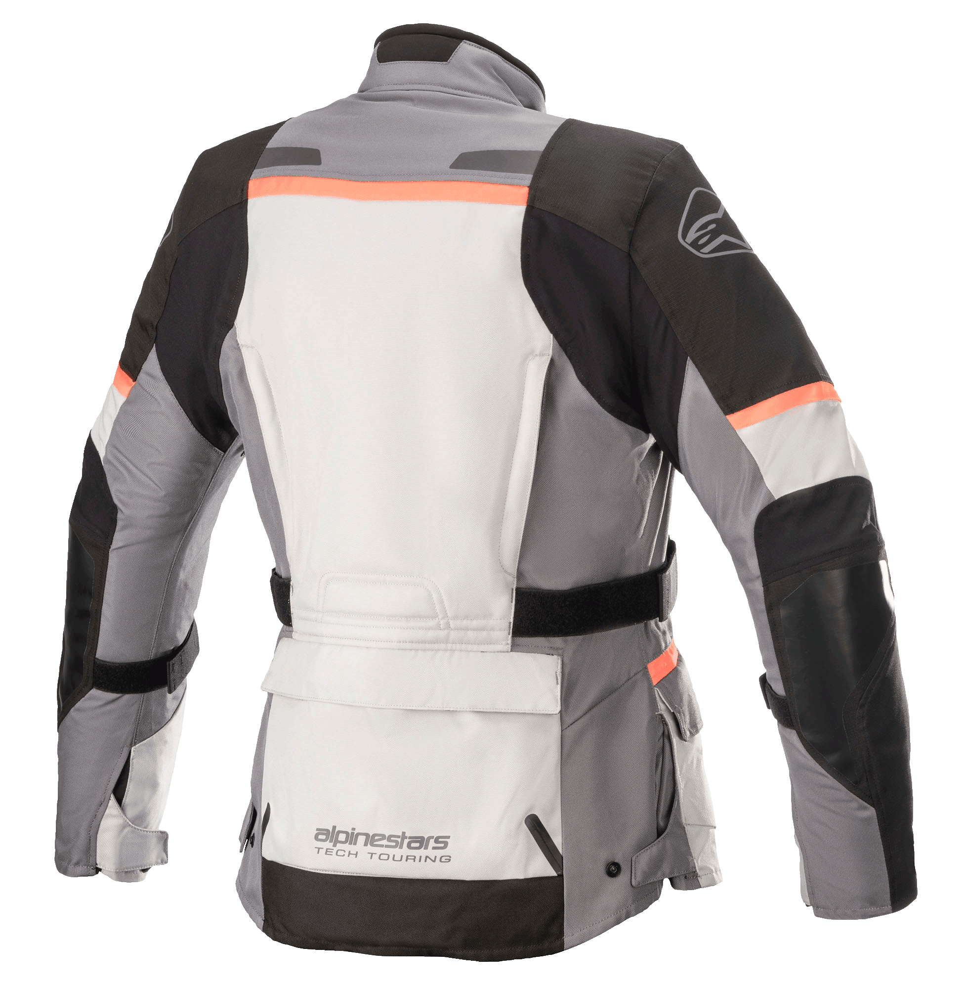 Alpinestars Women Stella Andes V3 Drystar® Jacket, Motorcycle Jacket, Ice Gray, Dark Gray, Black and Coral, rear view featuring a large lower back utility pocket, adjustable waist belt, and coral accents on the shoulders and back.
