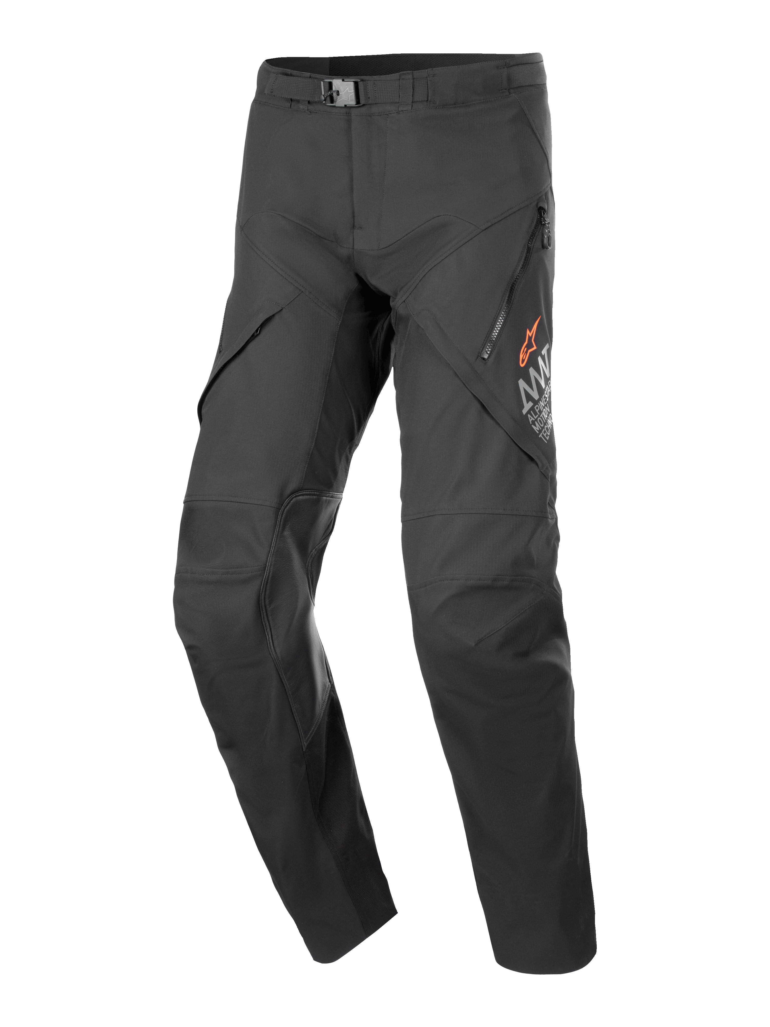 Alpinestars AMT-8 Stretch Drystar® XF bukser, tekstil-motorcykelbukser, sort, spændelukning i taljen, lynlåslommer på lårene med orange logo-branding, forstærkede knæpaneler, ergonomisk forformet design til adventure touring