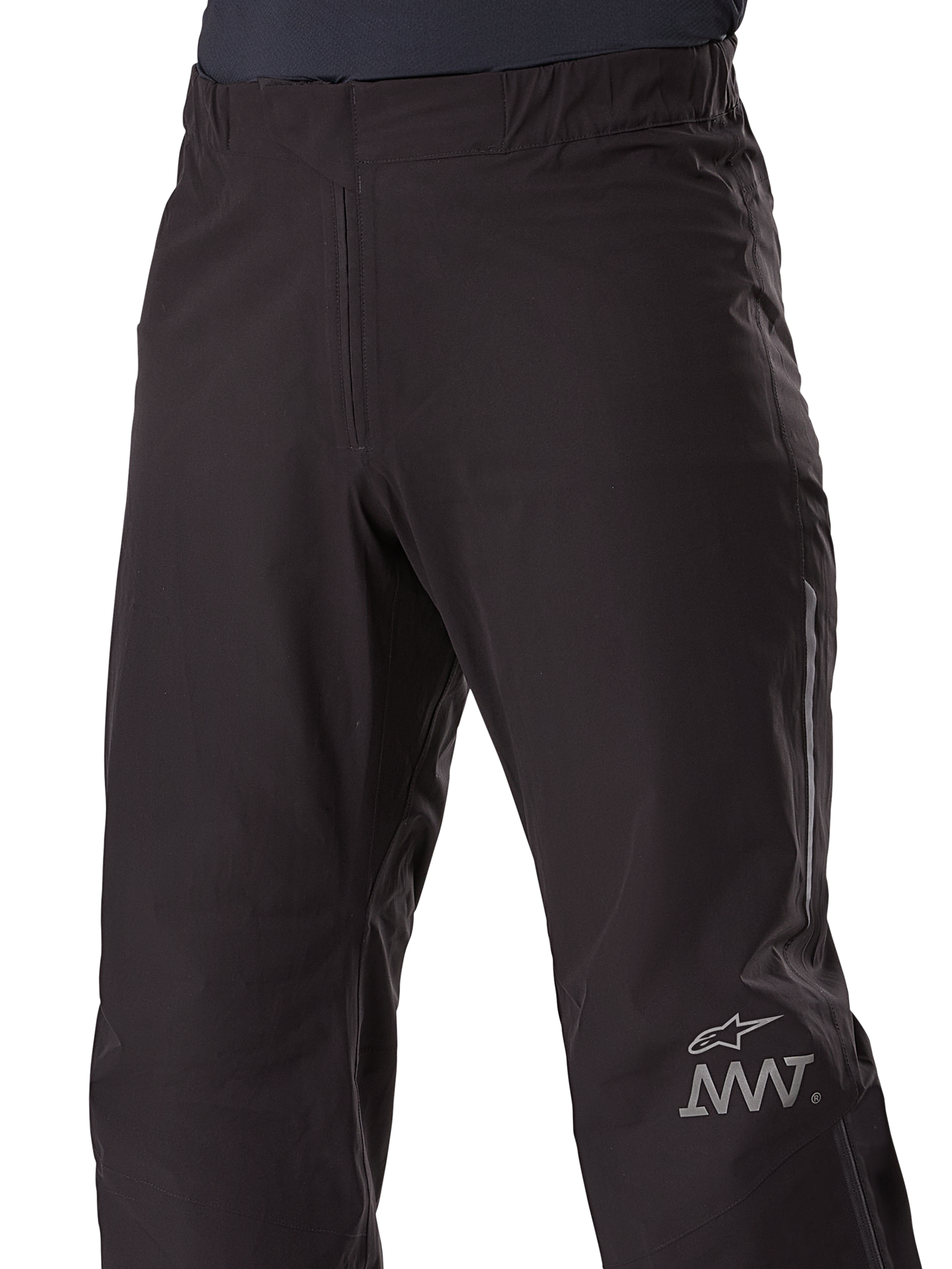 Alpinestars AMT-8 Stretch Drystar® XF liner-buks, motorcykel-inderbuks, sort, med Alpinestars-stjerne og AMT-logo på benet, elastisk talje, strømlinet vandtæt tekstilkonstruktion