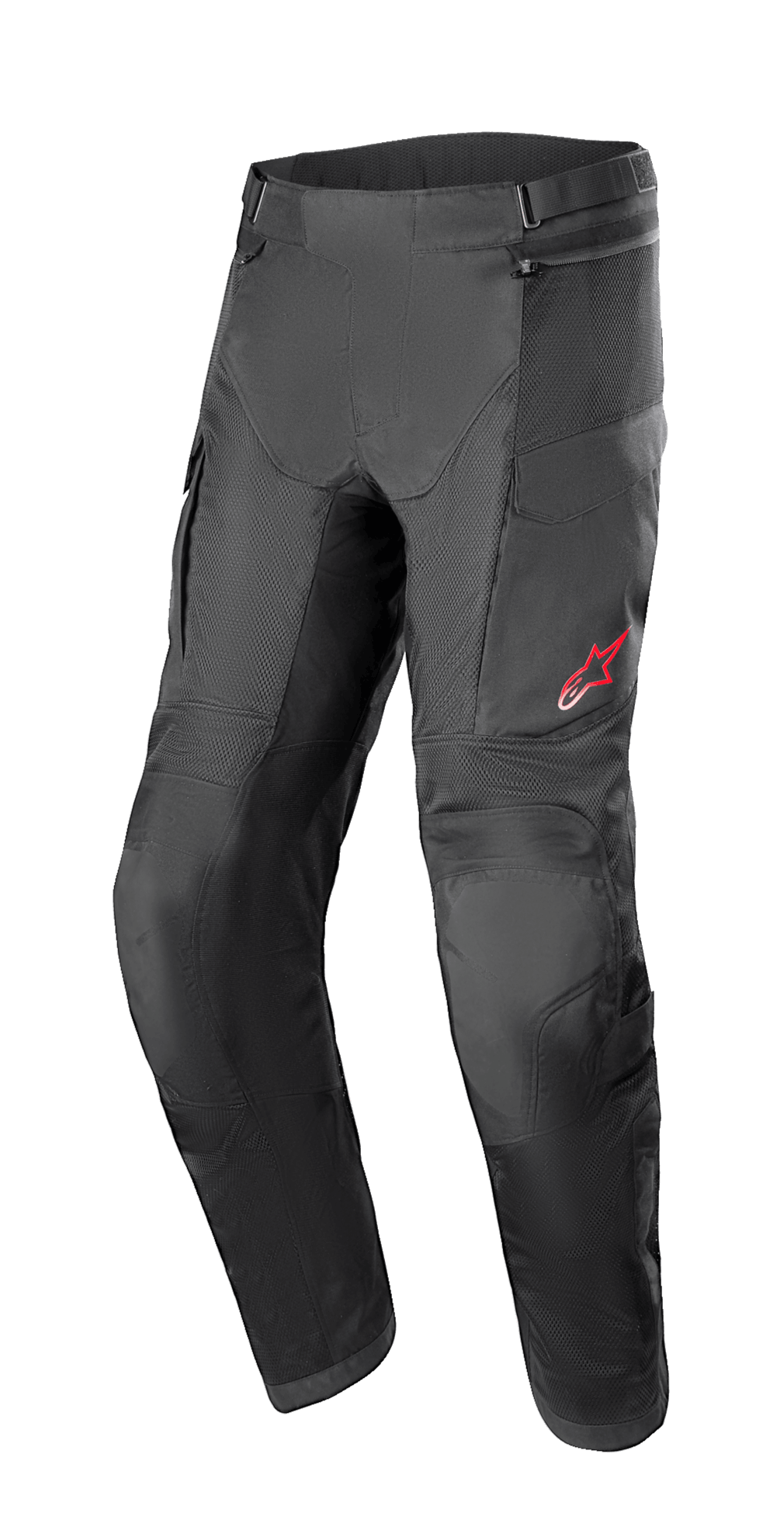 Alpinestars Andes Air Drystar Pant - Short Length, Black Motorcycle Touring Pants, Mesh Ventilation Panels, Reinforced Knee Protection, Cargo Pockets, Small Red Logo on Left Thigh, Adjustable Waist Straps