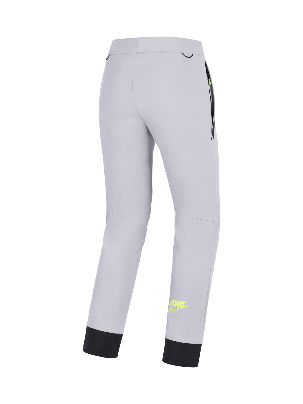 Alpinestars Aeroshell Bukser, CE-certificerede crossover motorcykel softshell-bukser til mænd, mellemgrå med gule fluo-detaljer, set bagfra med strækkonstruktion, elastisk kant forneden og lommedetaljer