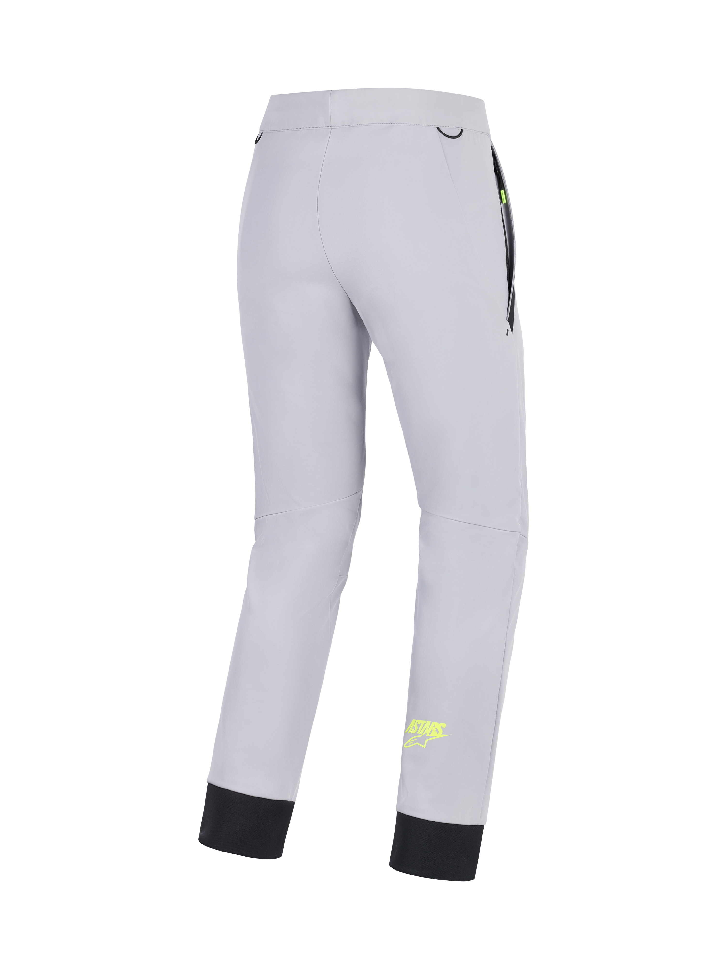 Alpinestars Aeroshell Bukser, CE-certificerede crossover motorcykel softshell-bukser til mænd, mellemgrå med gule fluo-detaljer, set bagfra med strækkonstruktion, elastisk kant forneden og lommedetaljer