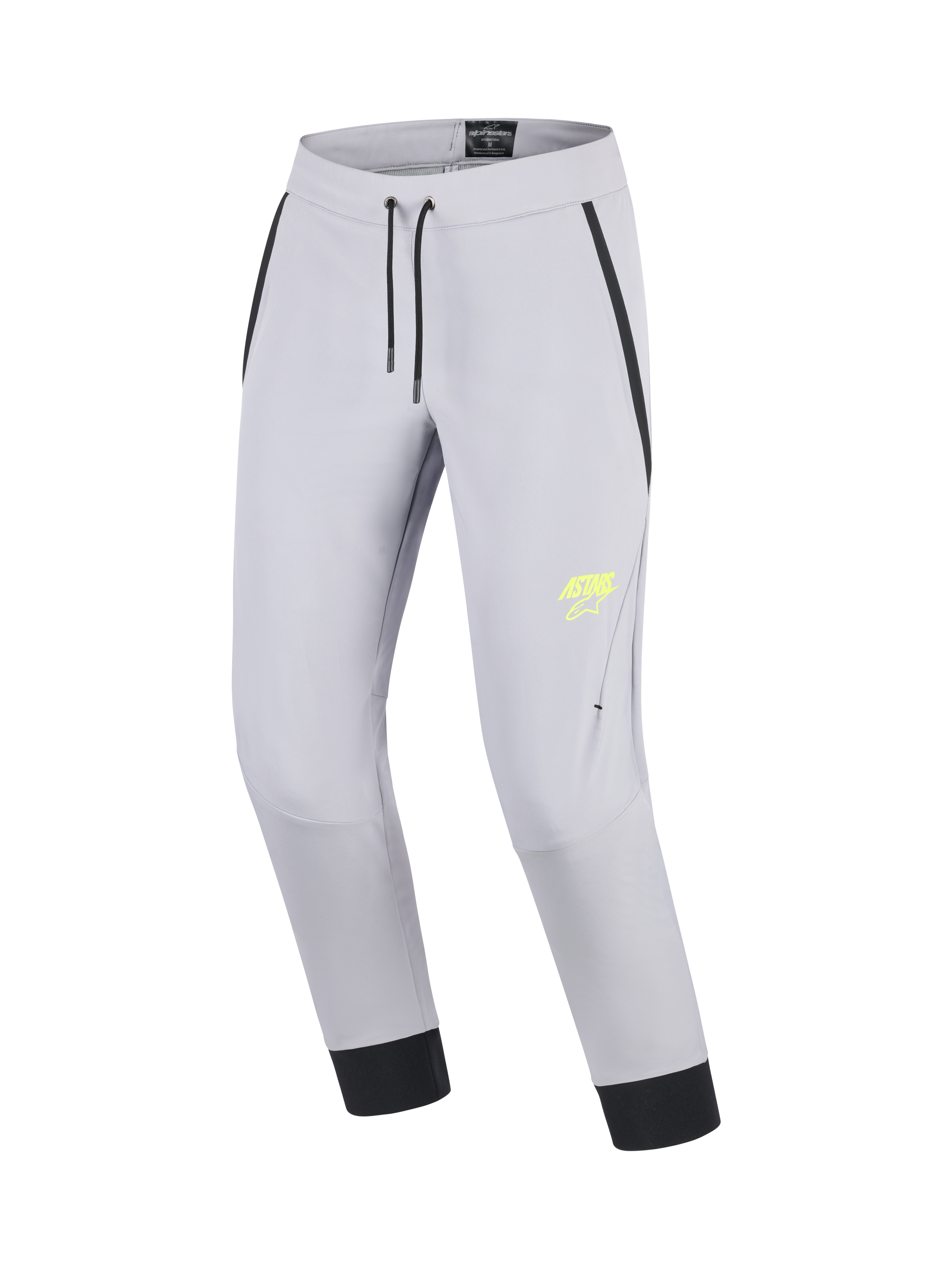 Alpinestars Aeroshell Bukser, motorcykel touring-tekstilbukser med stræk softshell-konstruktion, lysegrå og gul, med forbøjede knæ og elastisk talje med snøre