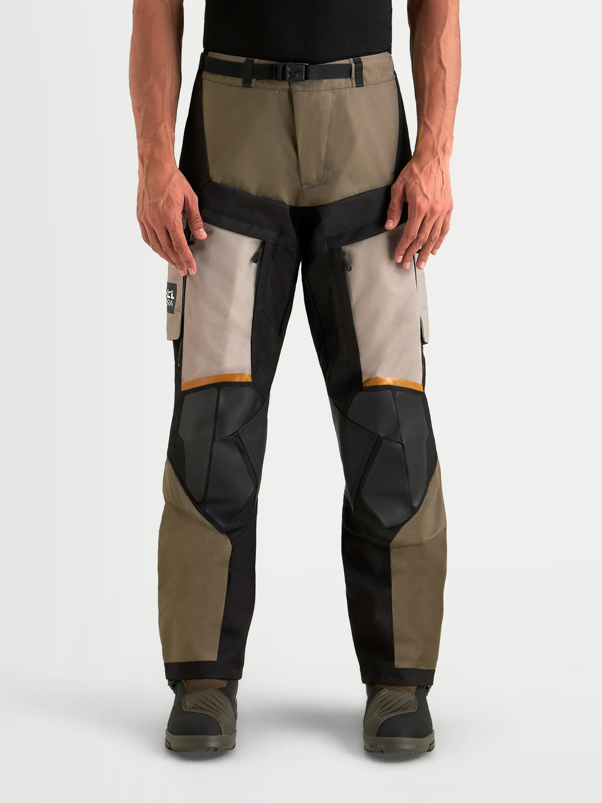 Alpinestars Harok V2 Drystar Pants, men's adventure touring motorcycle pants in aluminum, walnut, and black, front view on a model showing durable textile construction and thigh ventilation zones