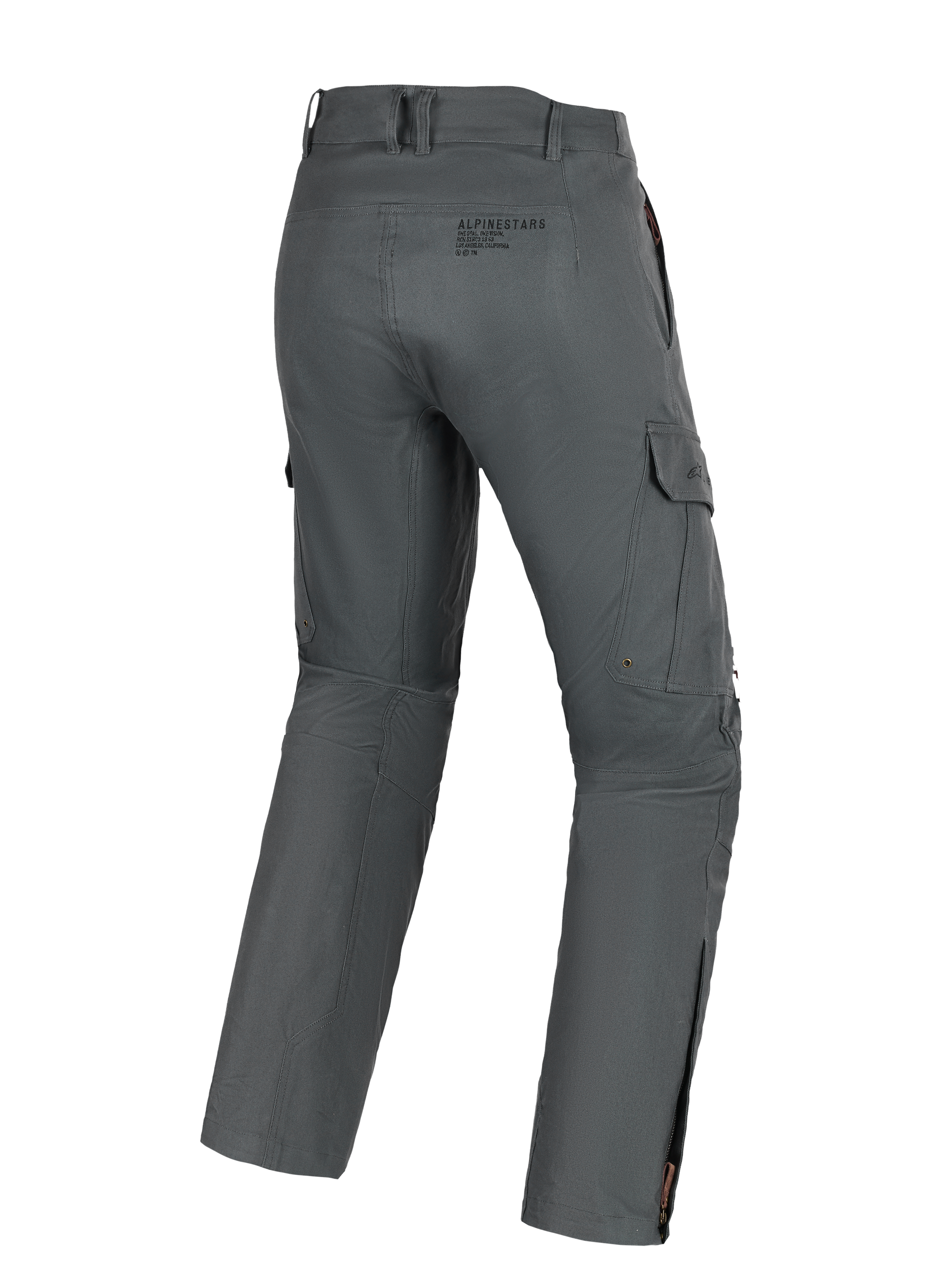 Alpinestars Borrego Drystar® bukser, adventure motorcykelbukser, grå antracit, set bagfra med cargolommer, branding bagpå og lynlåse ved læggen, holdbart tekstilmateriale med voksbehandlet lærredslook