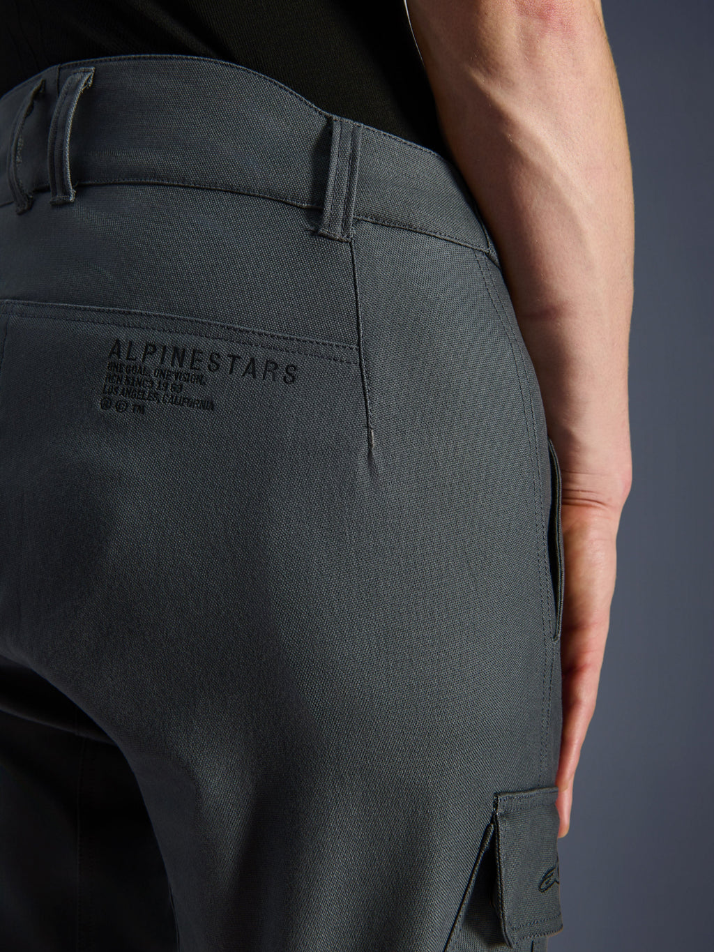 Alpinestars Borrego Drystar® bukser, motorcykelbukser, antracitgrå, nærbillede af det bageste hofteområde med Alpinestars-branding og slogan, slidstærkt tekstil med et voksbehandlet lærredslook, adventure-beklædning