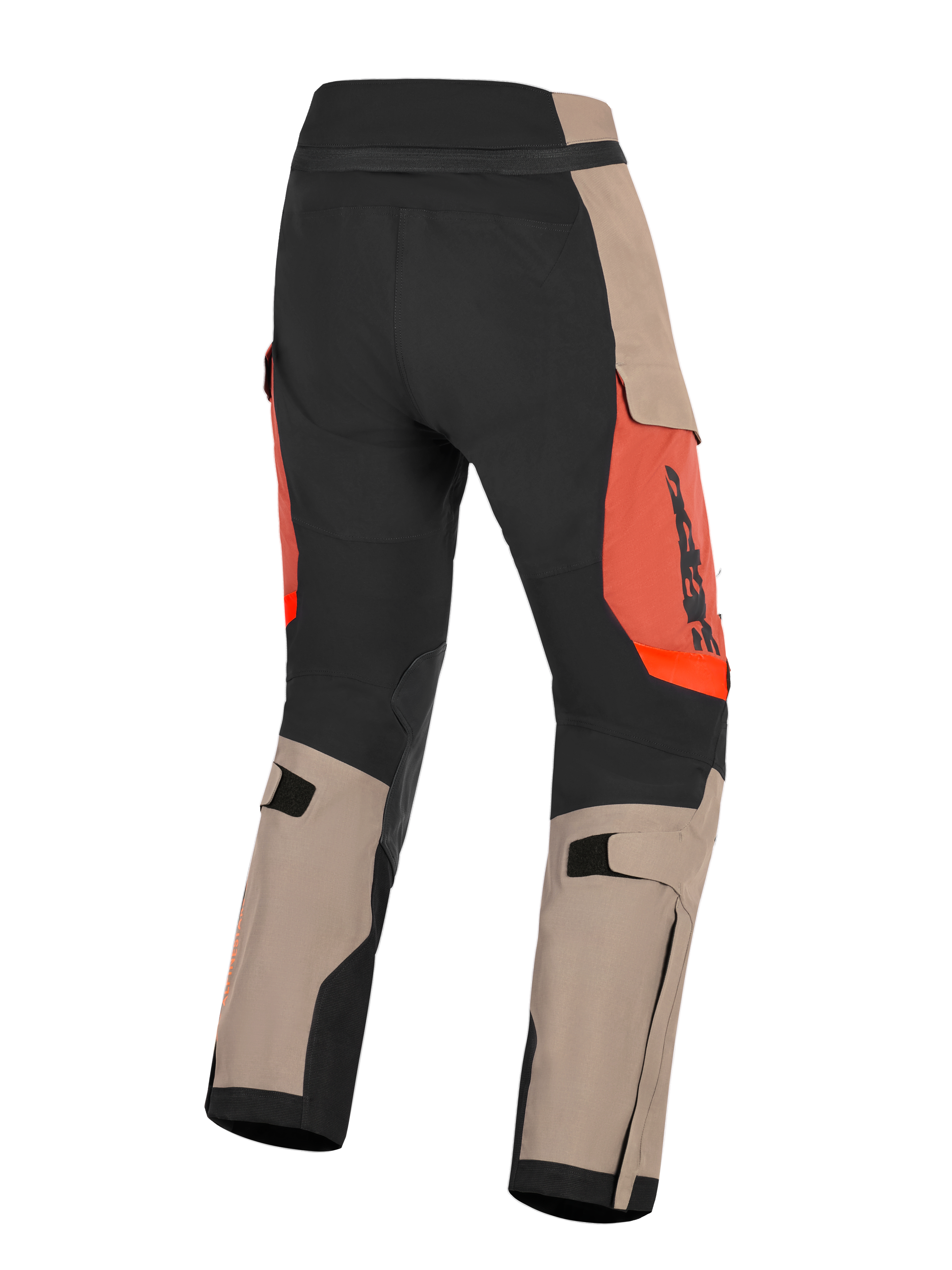 Alpinestars Halo Pro Drystar® XF laminerede bukser, Walnut Rust og sort, set bagfra, adventure motorcykelbukser med valnødbrune og sorte paneler og rustorange detaljer, justerbare lægstropper, slidstærk konstruktion til terrænkørsel.