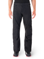 Alpinestars ST-1 Waterproof Pants, Black Motorcycle Touring Pants, front view featuring vertical zippered thigh pockets and adjustable waist tabs, worn with black red-soled boots, plain white background