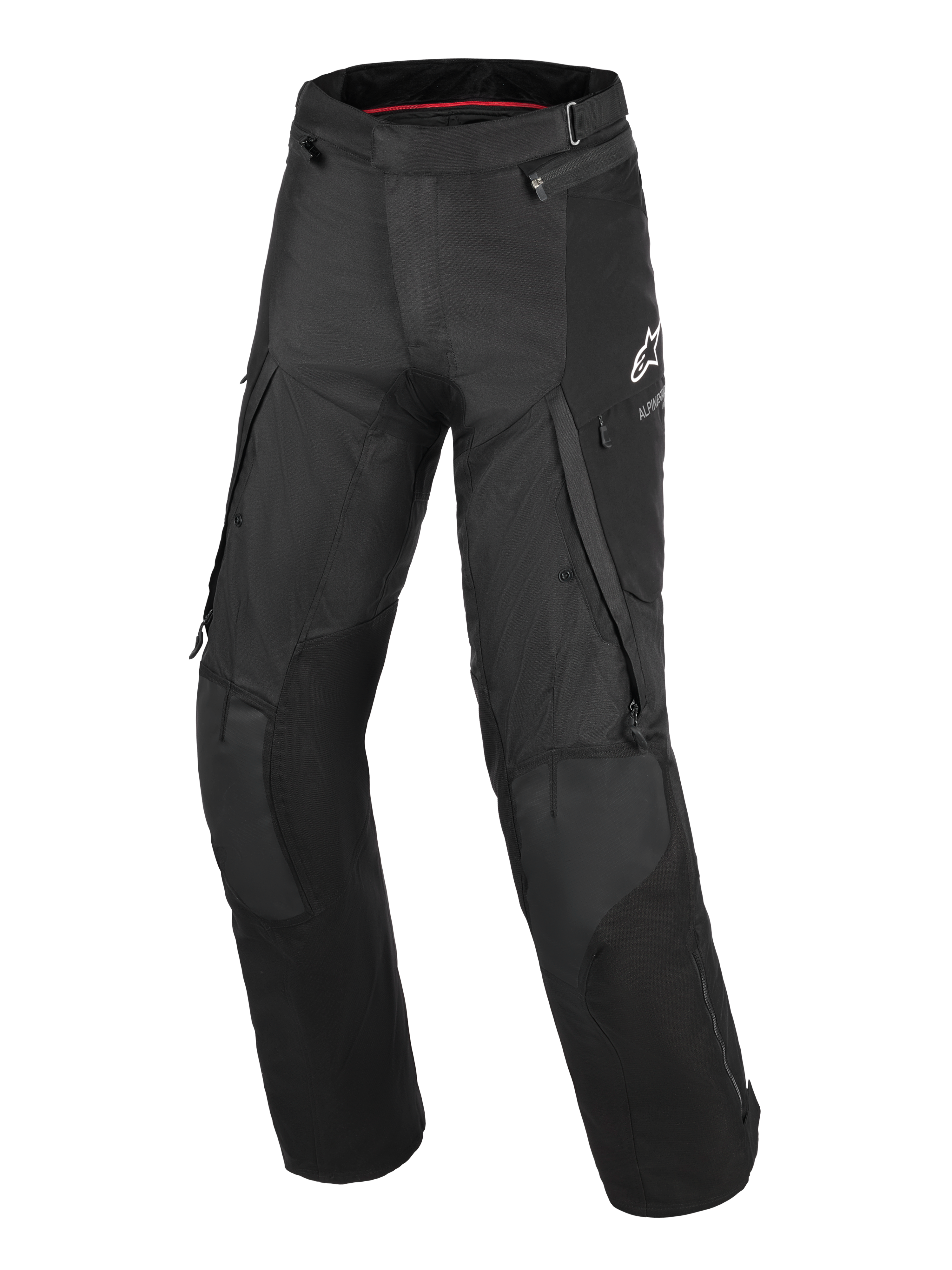 Alpinestars Andes V4 Drystar® bukser, motorcykel touringbukser, sorte, med store cargolommer, forstærkede knæpaneler, hvidt A-star logo på hoften og holdbar tekstilkonstruktion til adventure-kørsel