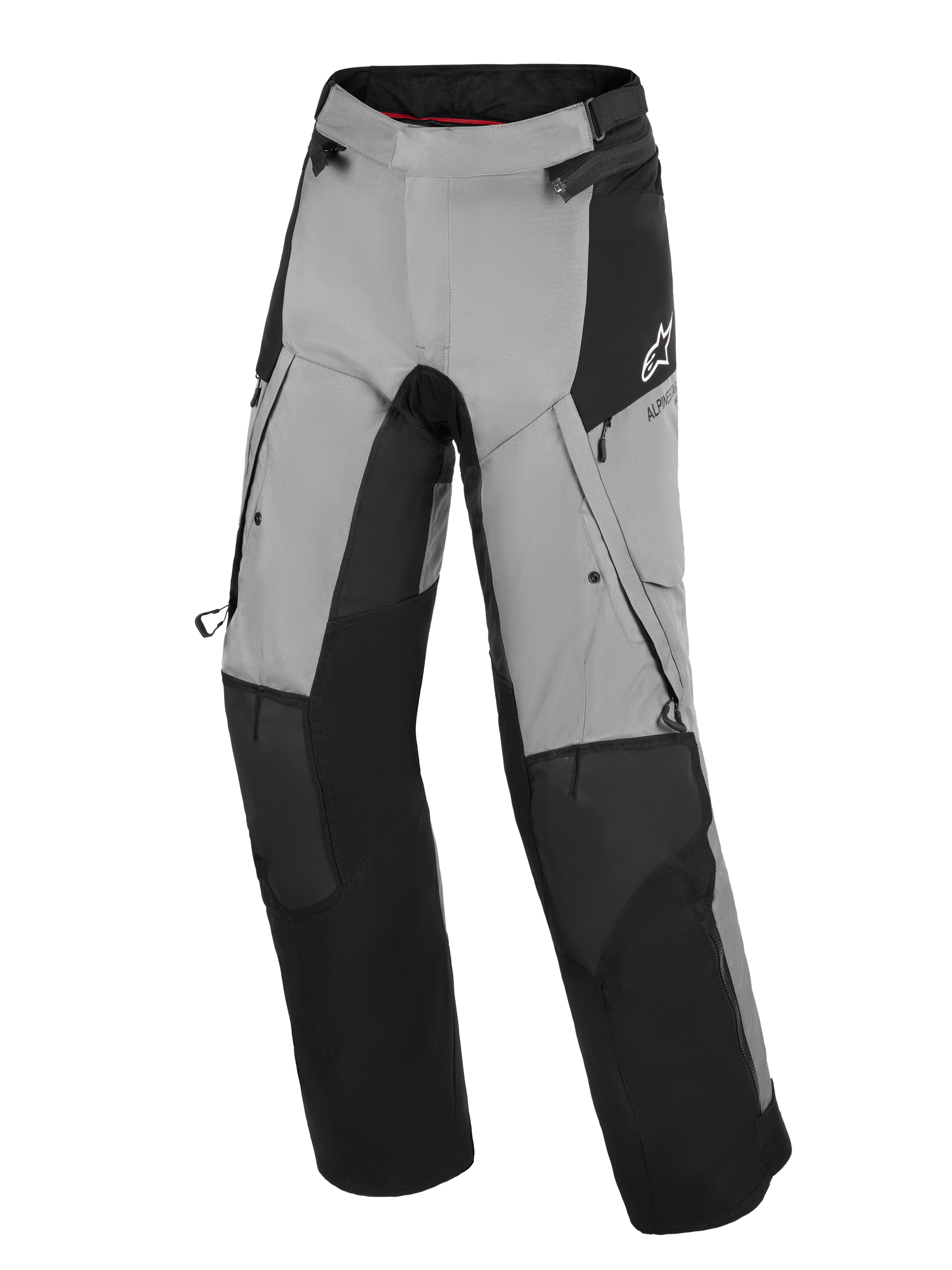 Alpinestars Andes V4 Drystar® Pants, Adventure Motorcycle Pants, Black and Dark Gray, featuring reinforced black knee and shin panels, zippered thigh vents, and cargo pockets, with a white Alpinestars logo on the hip, designed for all-weather road and adventure riding.