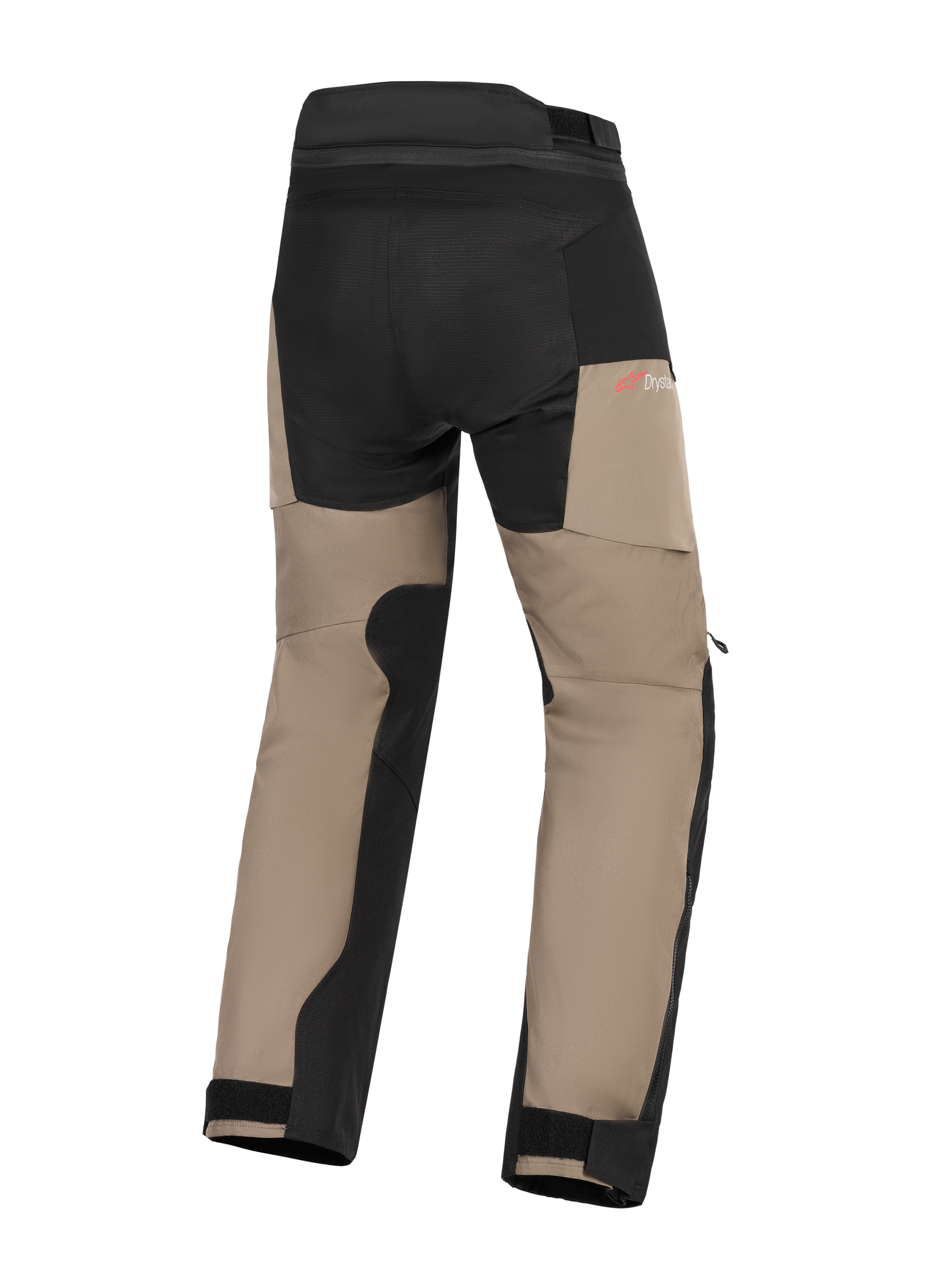 Alpinestars Andes V4 Drystar® bukser, adventure-motorcykelbukser, Walnut og sort, set bagfra med forstærkede paneler på sædet og indersiden af benene, rødt Drystar-logo og justerbare ankelmanchetter.