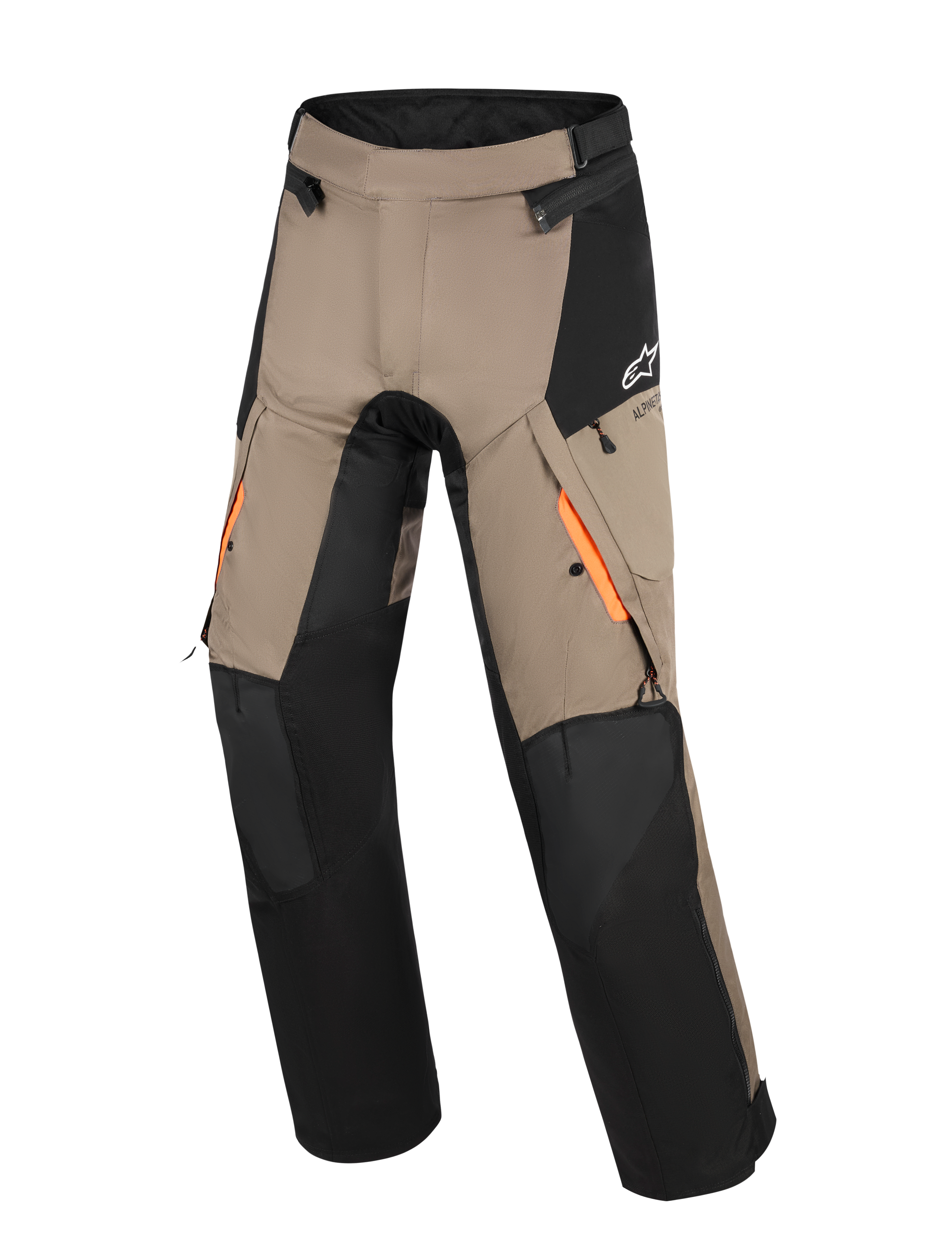 Alpinestars Andes V4 Drystar® bukser, adventure touring-bukser, valnød og sort, med orange detaljer på ventilationsåbningerne på lårene, forstærkede knæpaneler og vandafvisende cargolommer.