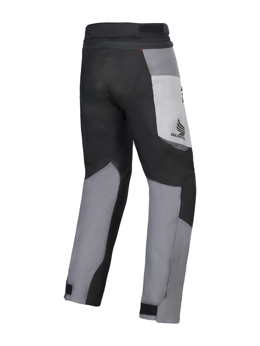 Alpinestars Honda St-1 Waterproof bukser, motorcykel touringbukser, Ice Gray, Dark Gray og sort, set bagfra med tekstildesign i flere paneler, Honda-logo på låret og justerbare ankellukninger til kørsel i al slags vejr.