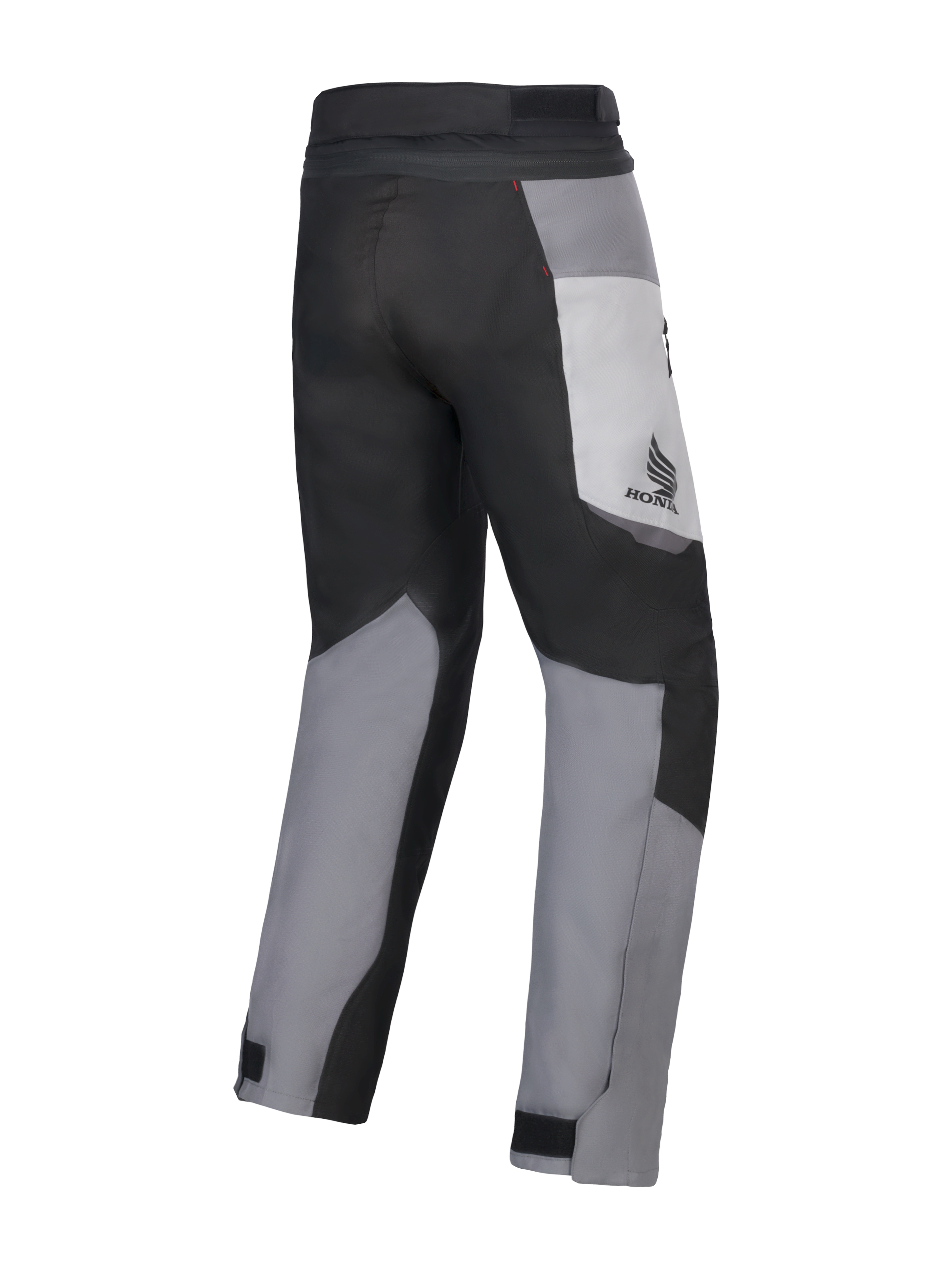 Alpinestars Honda St-1 Waterproof bukser, motorcykel touringbukser, Ice Gray, Dark Gray og sort, set bagfra med tekstildesign i flere paneler, Honda-logo på låret og justerbare ankellukninger til kørsel i al slags vejr.