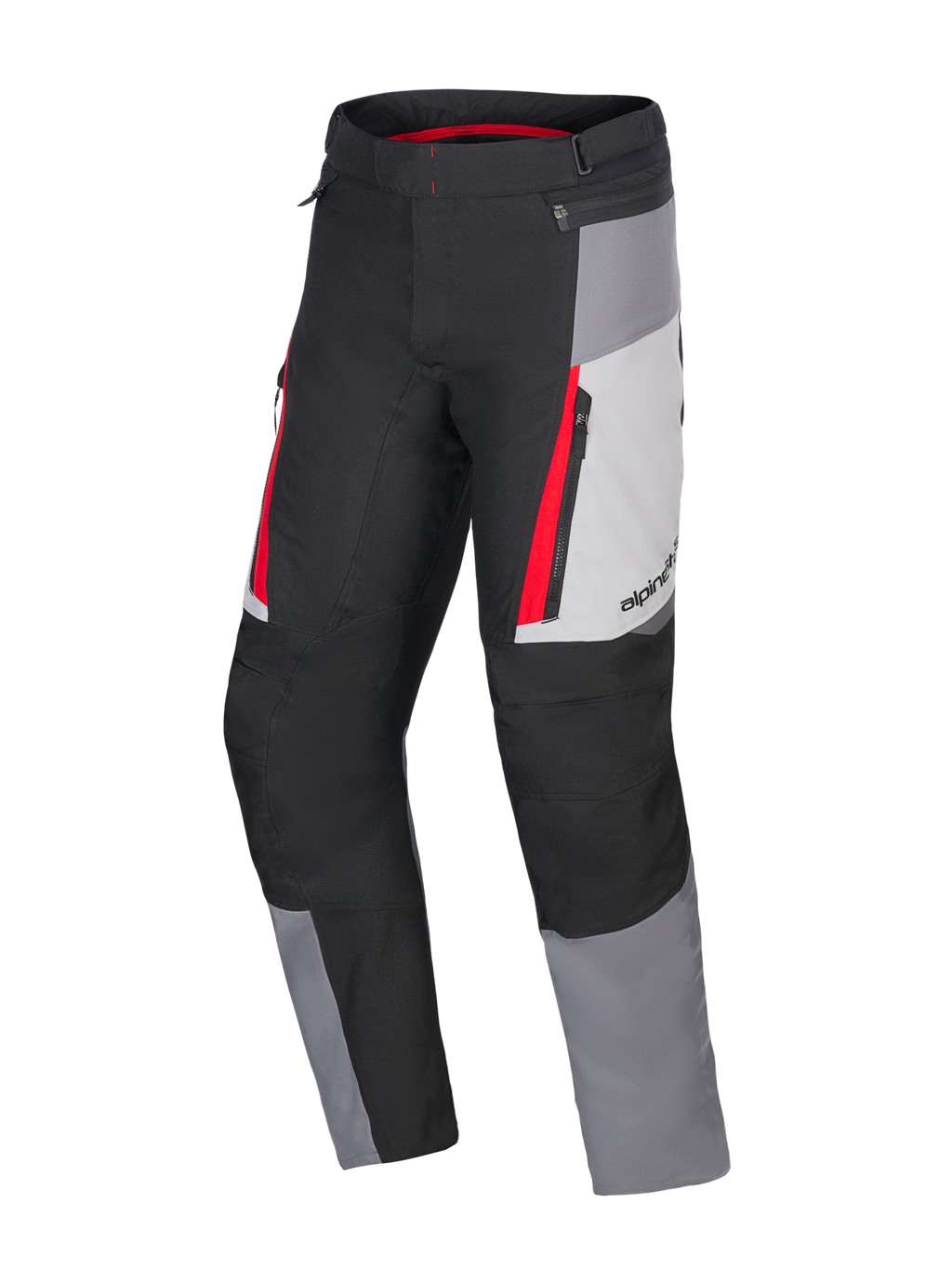 Alpinestars Honda ST-1 vandtætte bukser, motorcykeltouringbukser, isgrå, mørkegrå og sort med røde detaljer, teknisk tekstilkonstruktion med vandtæt foring, cargo-lommer med lynlås og ergonomiske forbuede ben