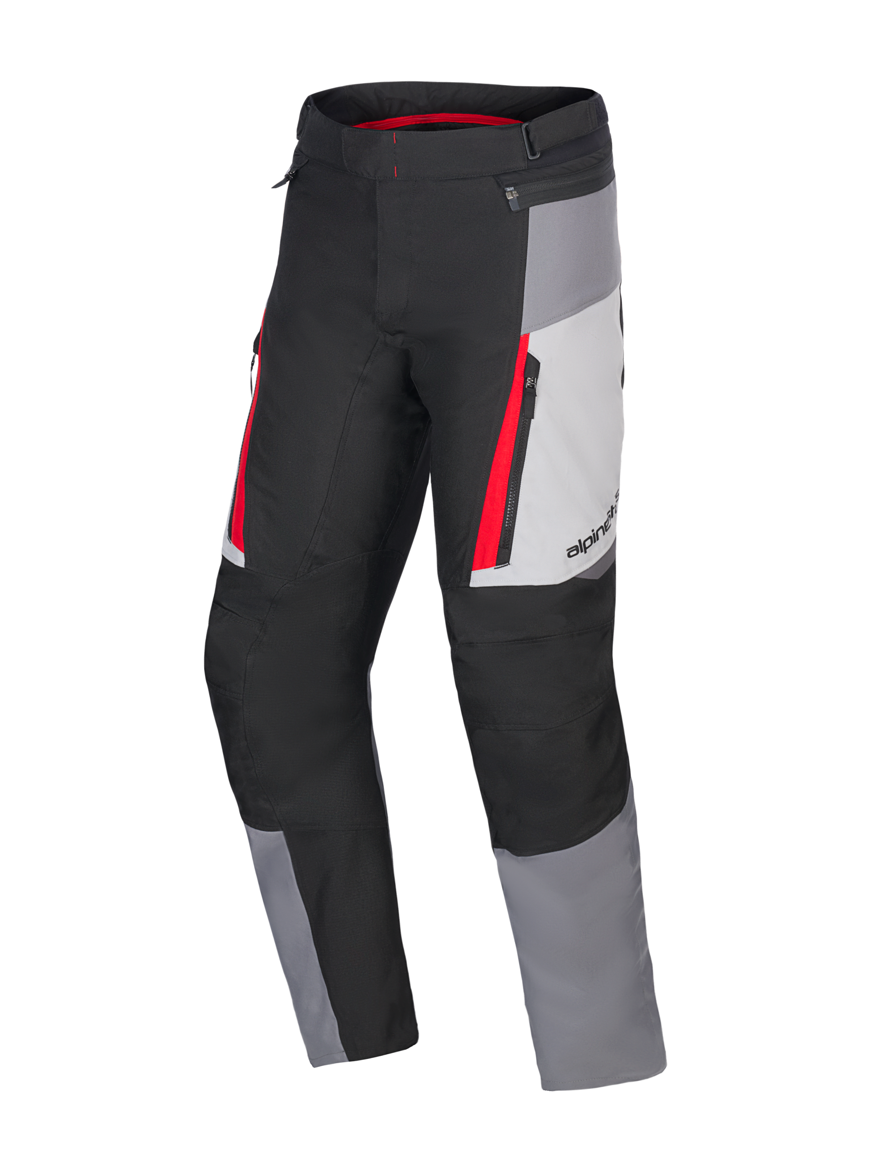 Alpinestars Honda ST-1 vandtætte bukser, motorcykeltouringbukser, isgrå, mørkegrå og sort med røde detaljer, teknisk tekstilkonstruktion med vandtæt foring, cargo-lommer med lynlås og ergonomiske forbuede ben