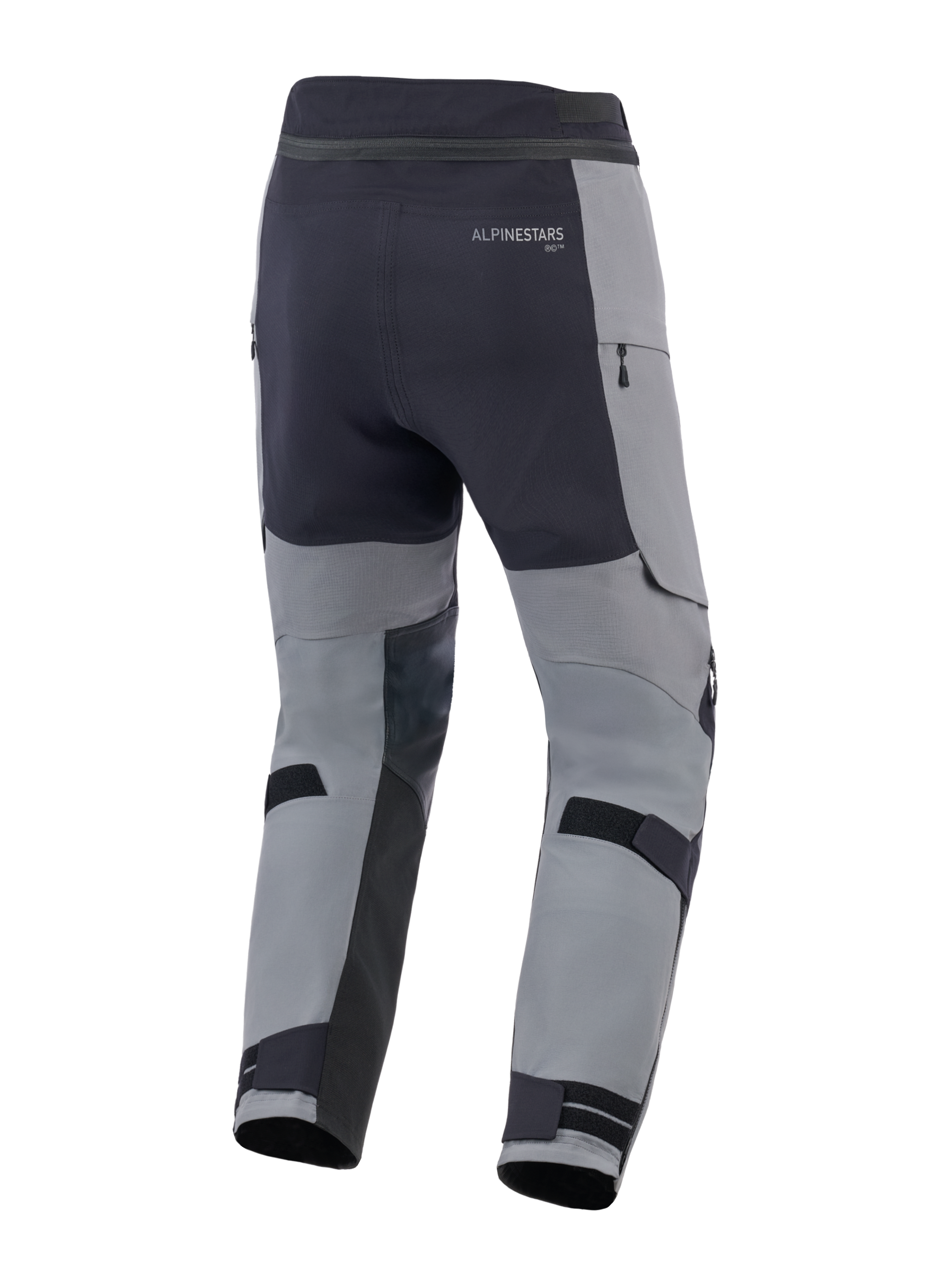Alpinestars Andes Pro Drystar® XF bukser, adventure motorcykelbukser, mørkegrå og sort, set bagfra med justerbare stropper ved læggene, Alpinestars-branding og vandtætte lynlåsdetaljer